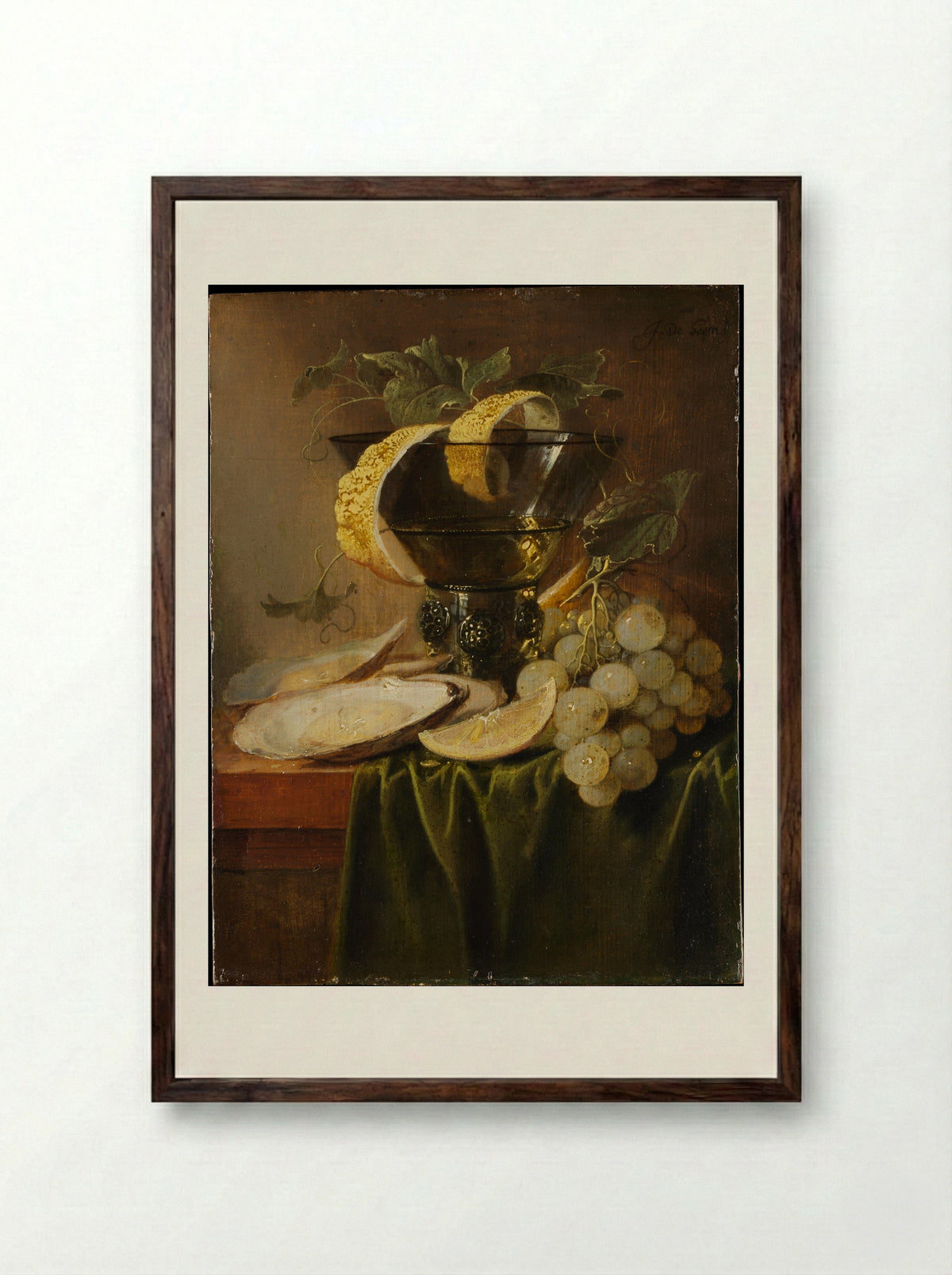 Still Life with a Glass and Oysters - Jan Davidsz de Heem - Framed Print Dark Wood
