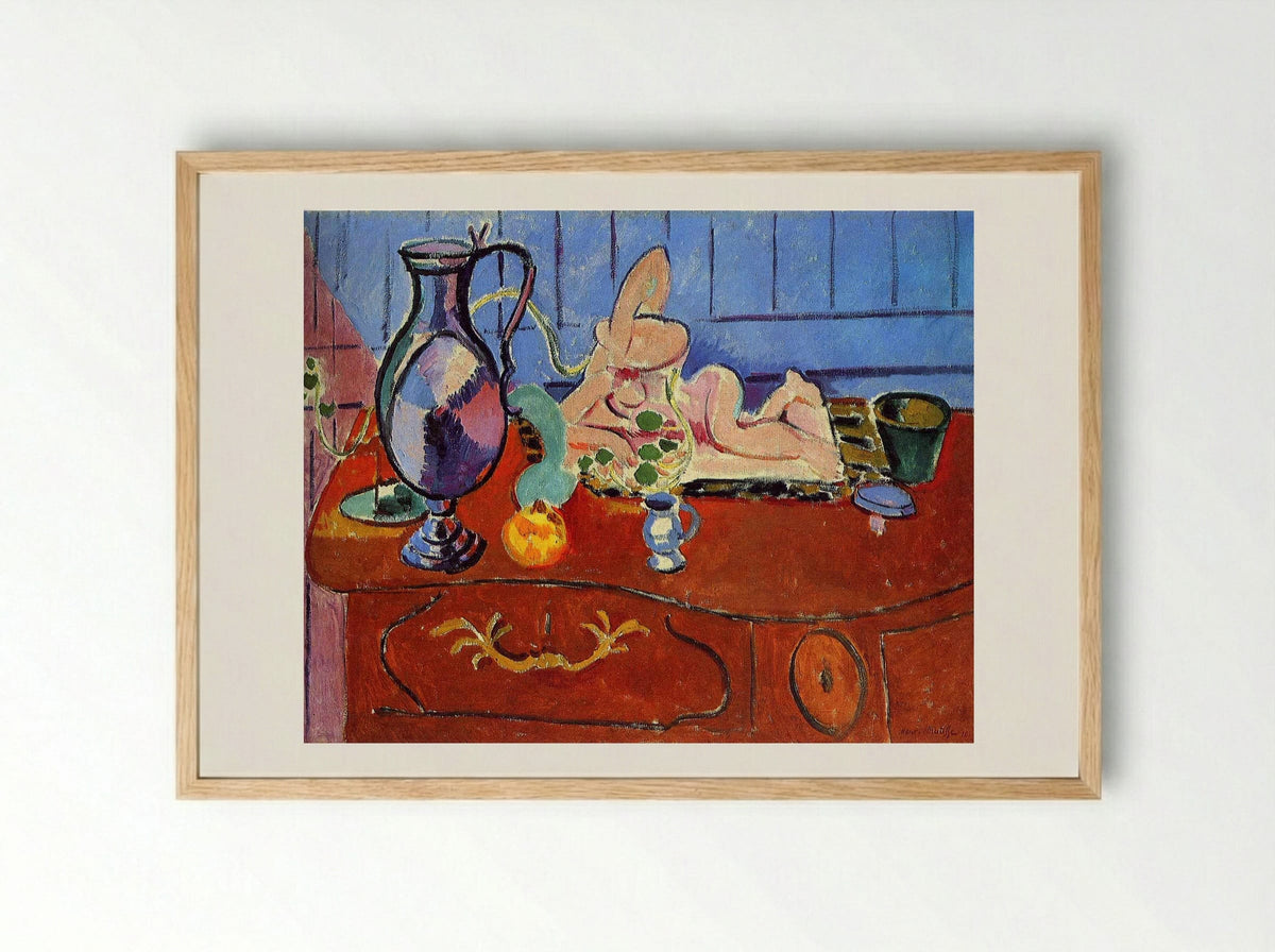 Still Life with a Pewter Jug and Pink Statuette - Henri Matisse - Framed Print Wood