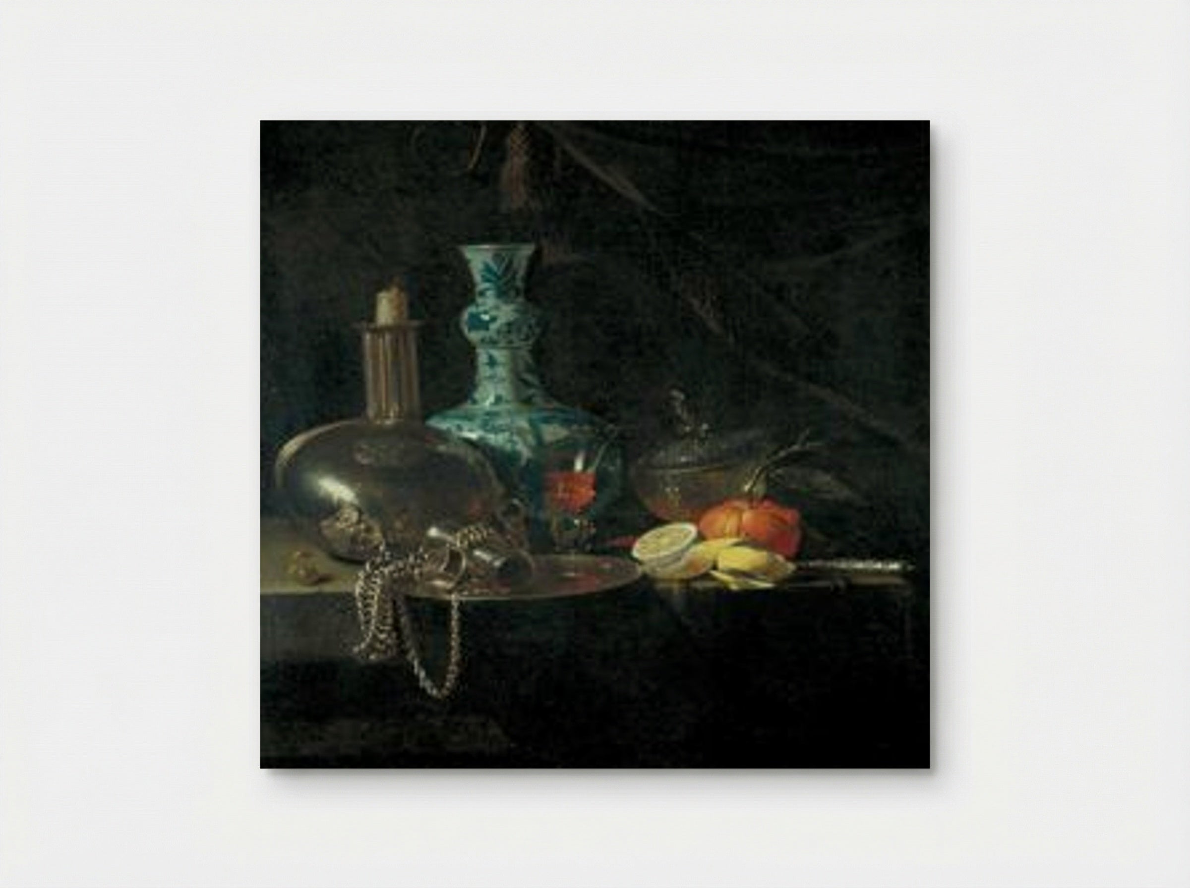 Still Life with a Pilgrim Flask, Candlestick, Porcelain Vase and Fruit - Willem Kalf - Poster