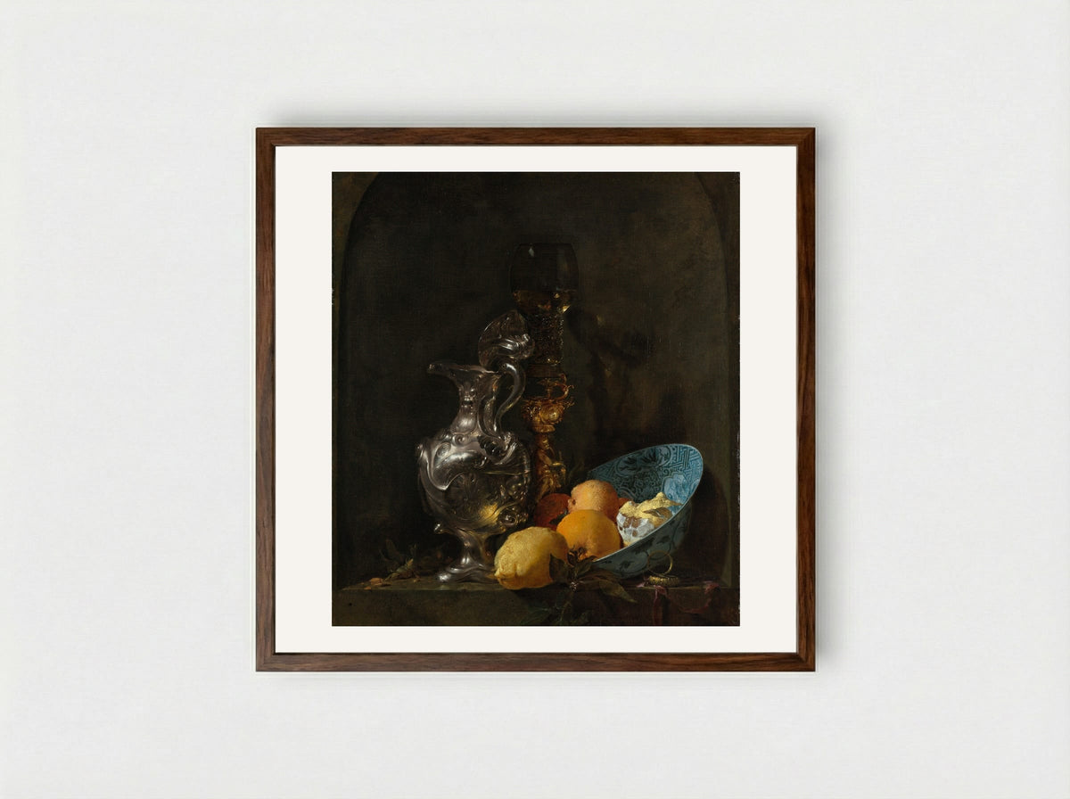 Still Life with a Silver Jug and a Porcelain Bowl - Willem Kalf - Framed Print Dark Wood