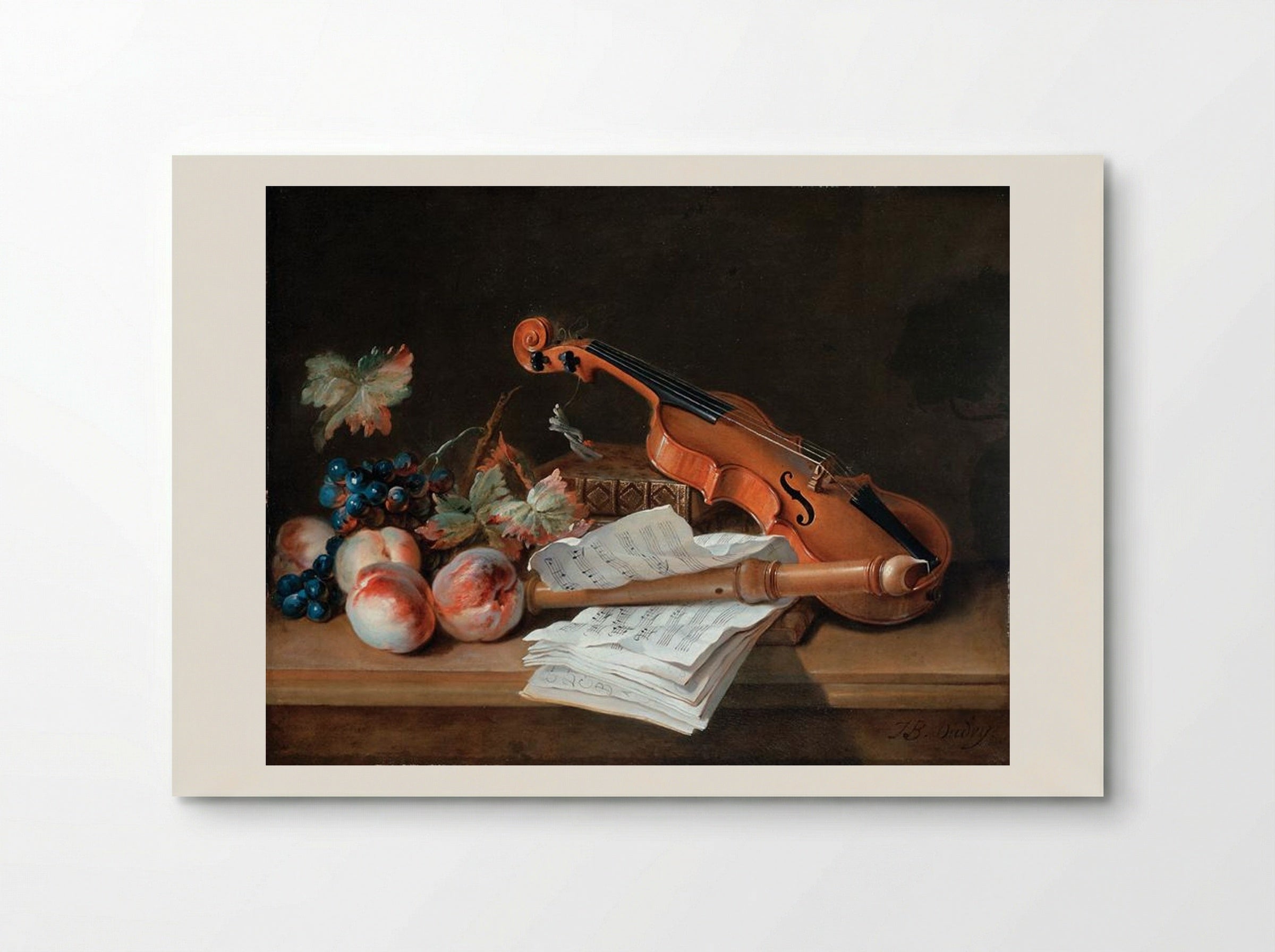 Still Life with a Violin, a Recorder, Books, a Portfolio of Sheet Music, Peaches and Grapes on a Table Top - Jean-Baptiste Oudry - Poster