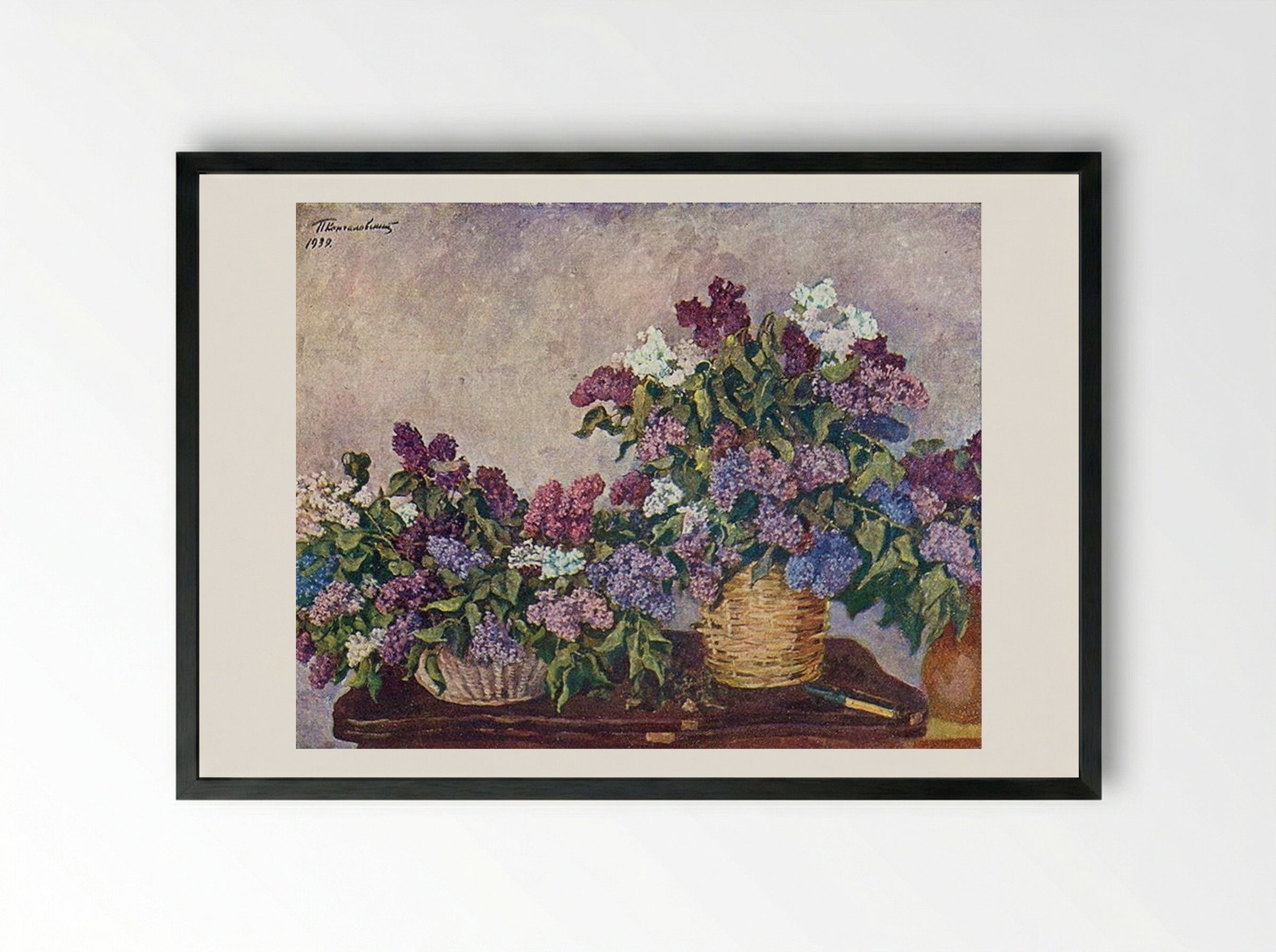 Still Life. Lilacs in two baskets. - Pyotr Konchalovsky - Framed Print Black