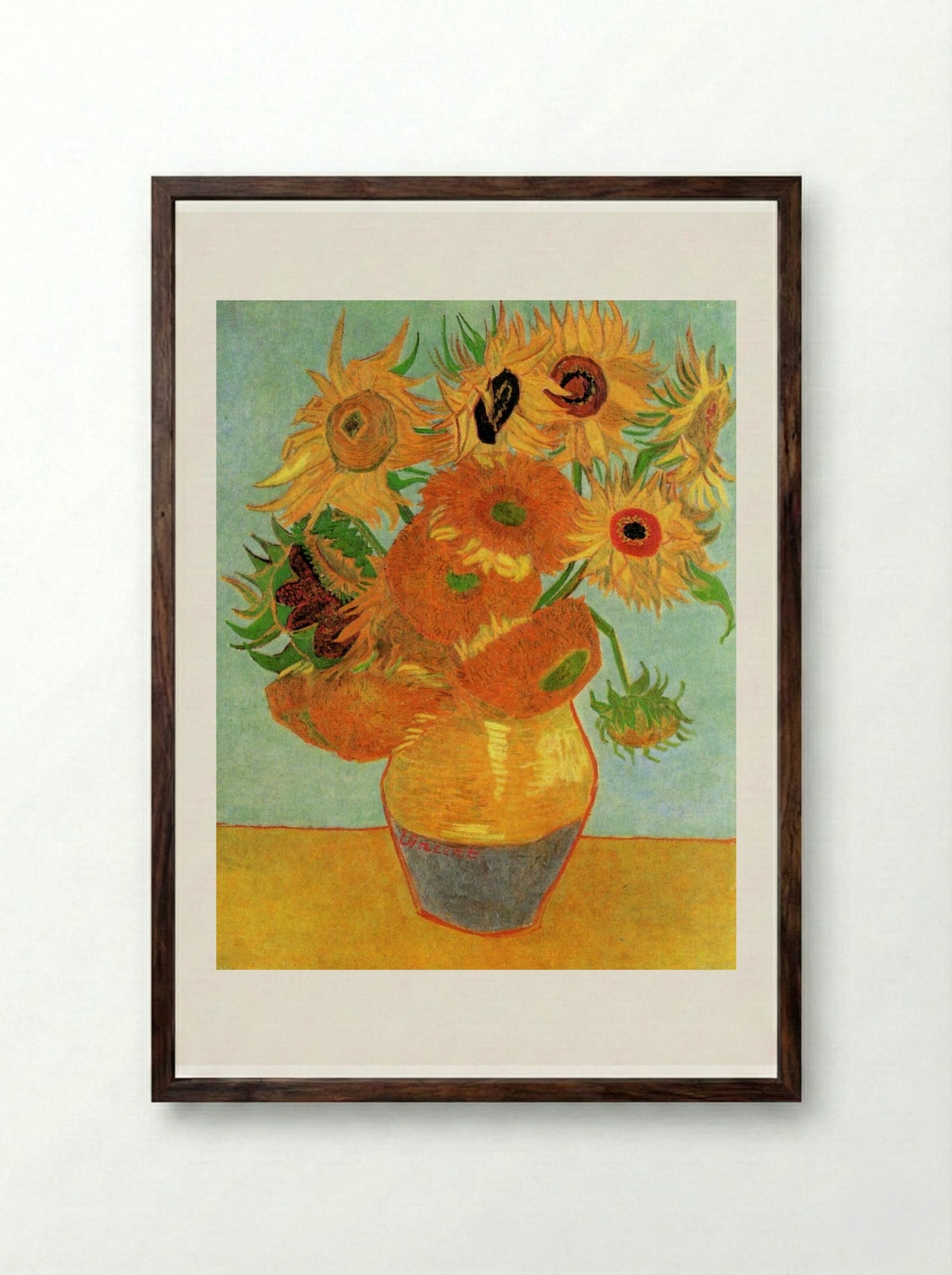 Still Life: Vase with Twelve Sunflowers - Vincent van Gogh - Framed Print Dark Wood