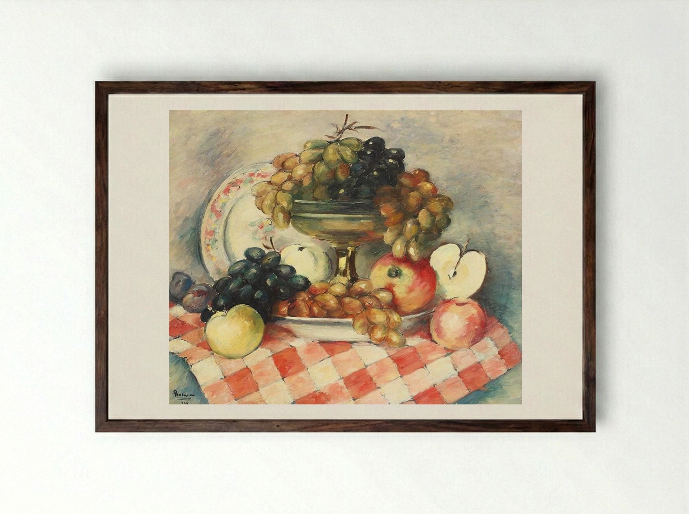 Still-life with Grapes and Apples - Ion Theodorescu-Sion - Framed Print Dark Wood