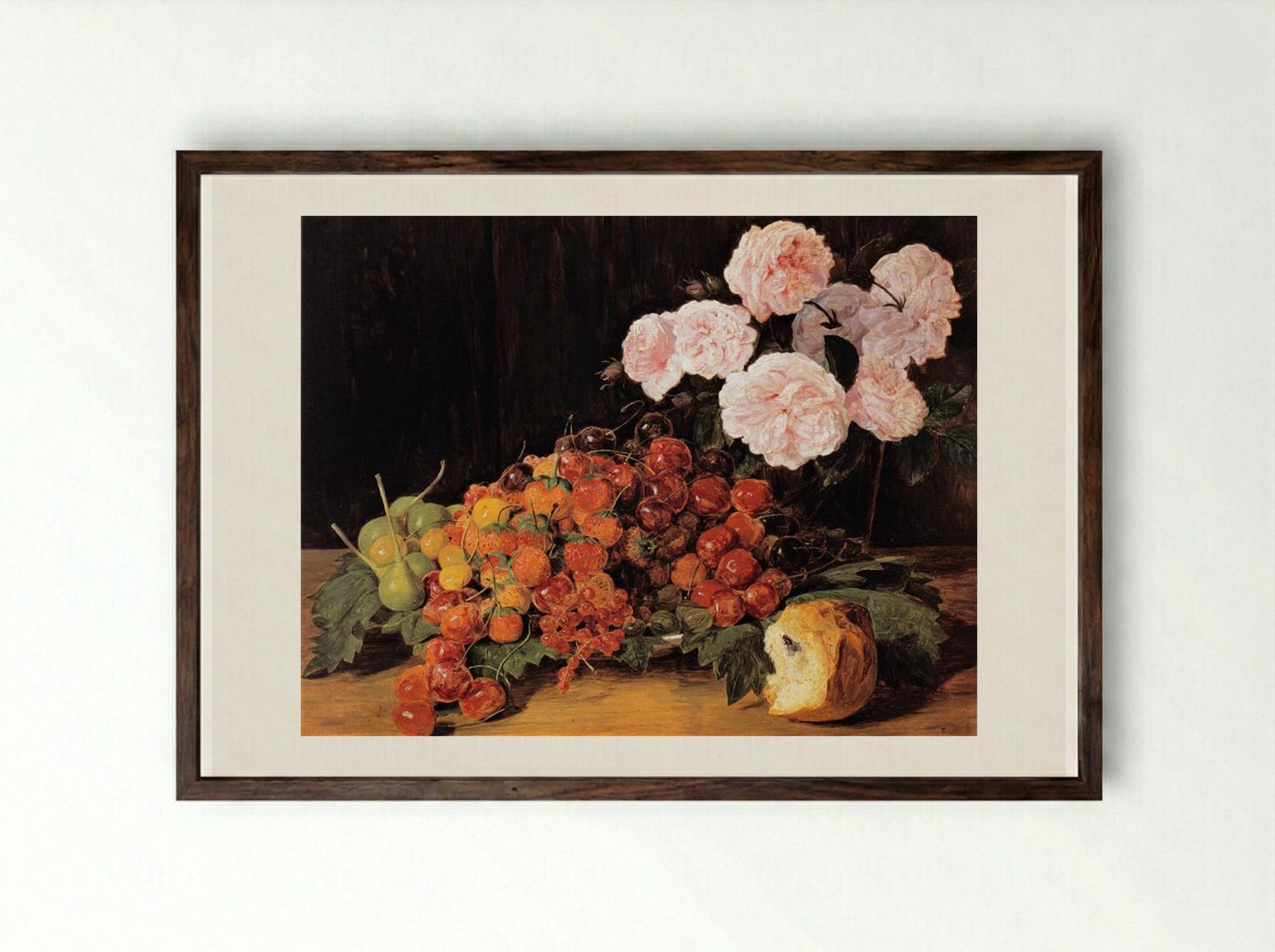 Still life with roses, strawberries, and bread - Ferdinand Georg Waldmüller - Framed Print Dark Wood