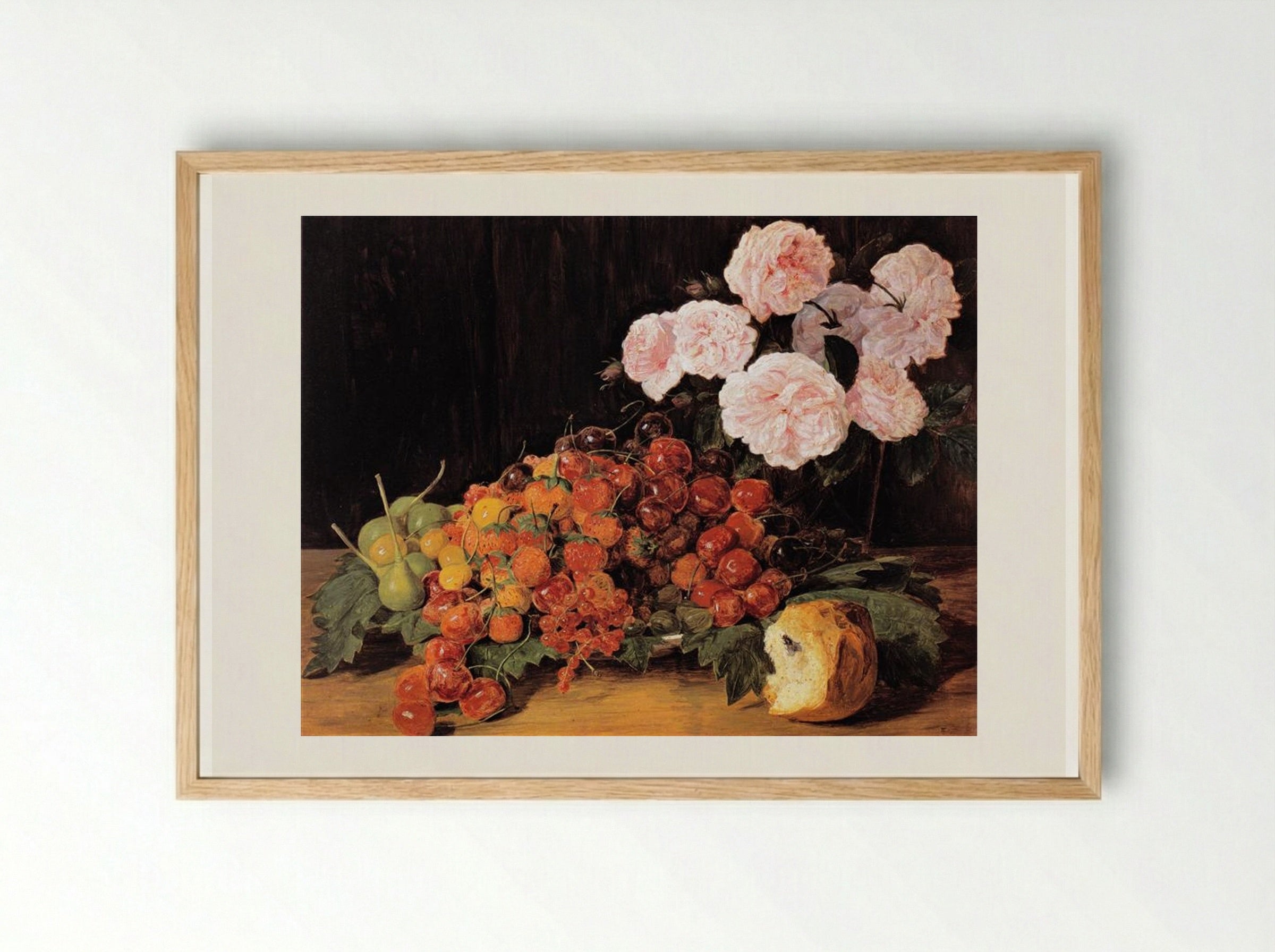 Still life with roses, strawberries, and bread - Ferdinand Georg Waldmüller - Framed Print Wood