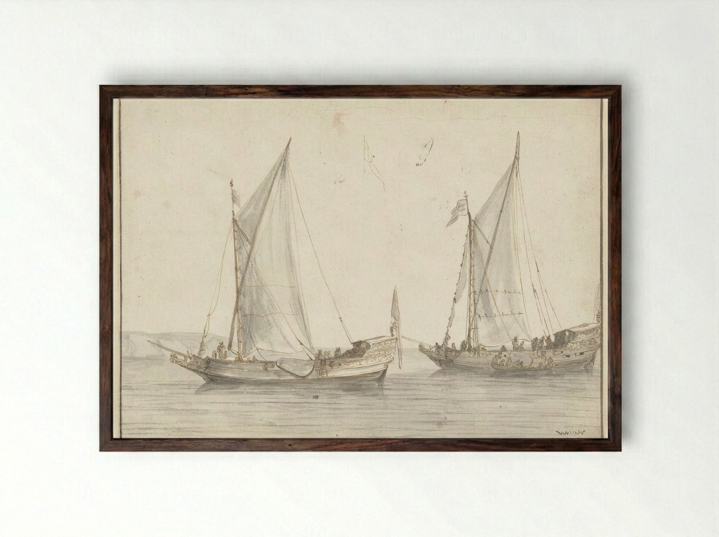 Stille zee met twee jachten - Abraham de Verwer - Framed Print Dark Wood