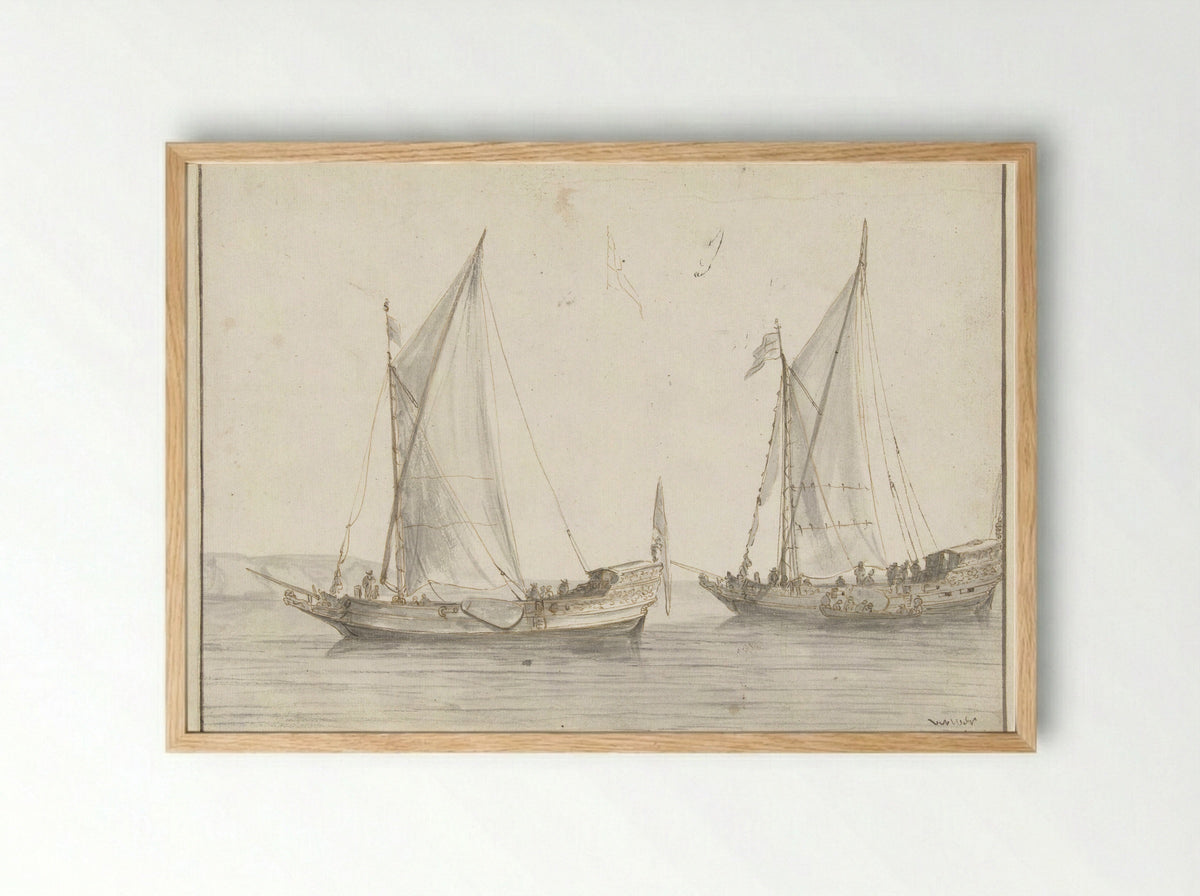 Stille zee met twee jachten - Abraham de Verwer - Framed Print Wood