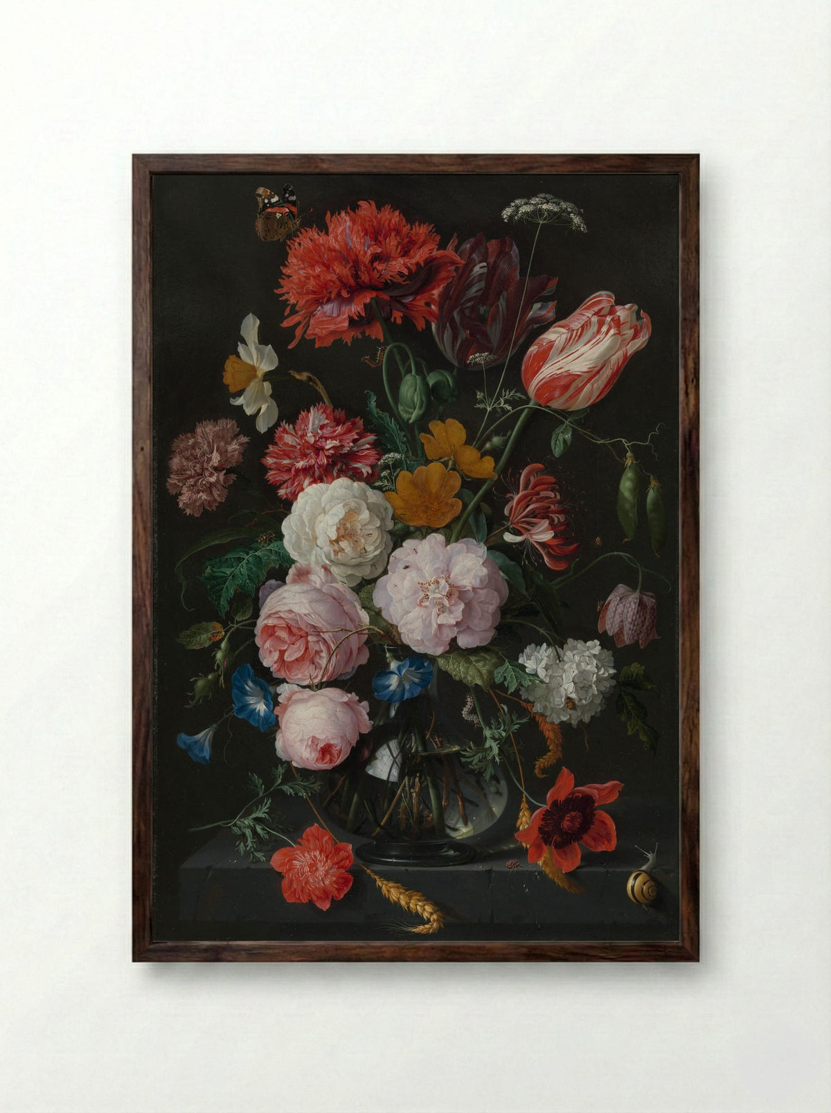 Stilleven met bloemen in een glazen vaas - Jan Davidsz. de Heem - Framed Print Dark Wood