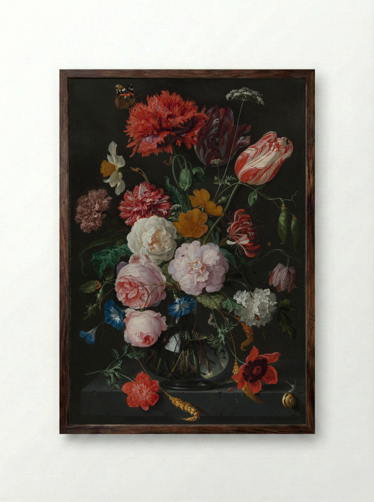 Stilleven met bloemen in een glazen vaas - Jan Davidsz. de Heem - Framed Print Dark Wood
