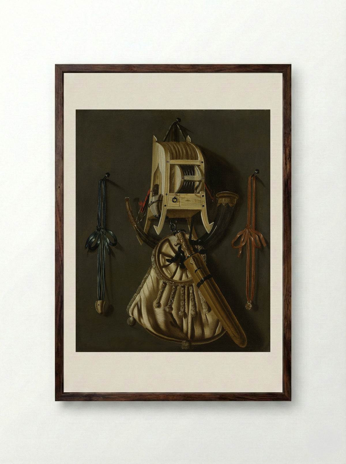 Stilleven met jachtgerei - Johannes Leemans - Framed Print Dark Wood