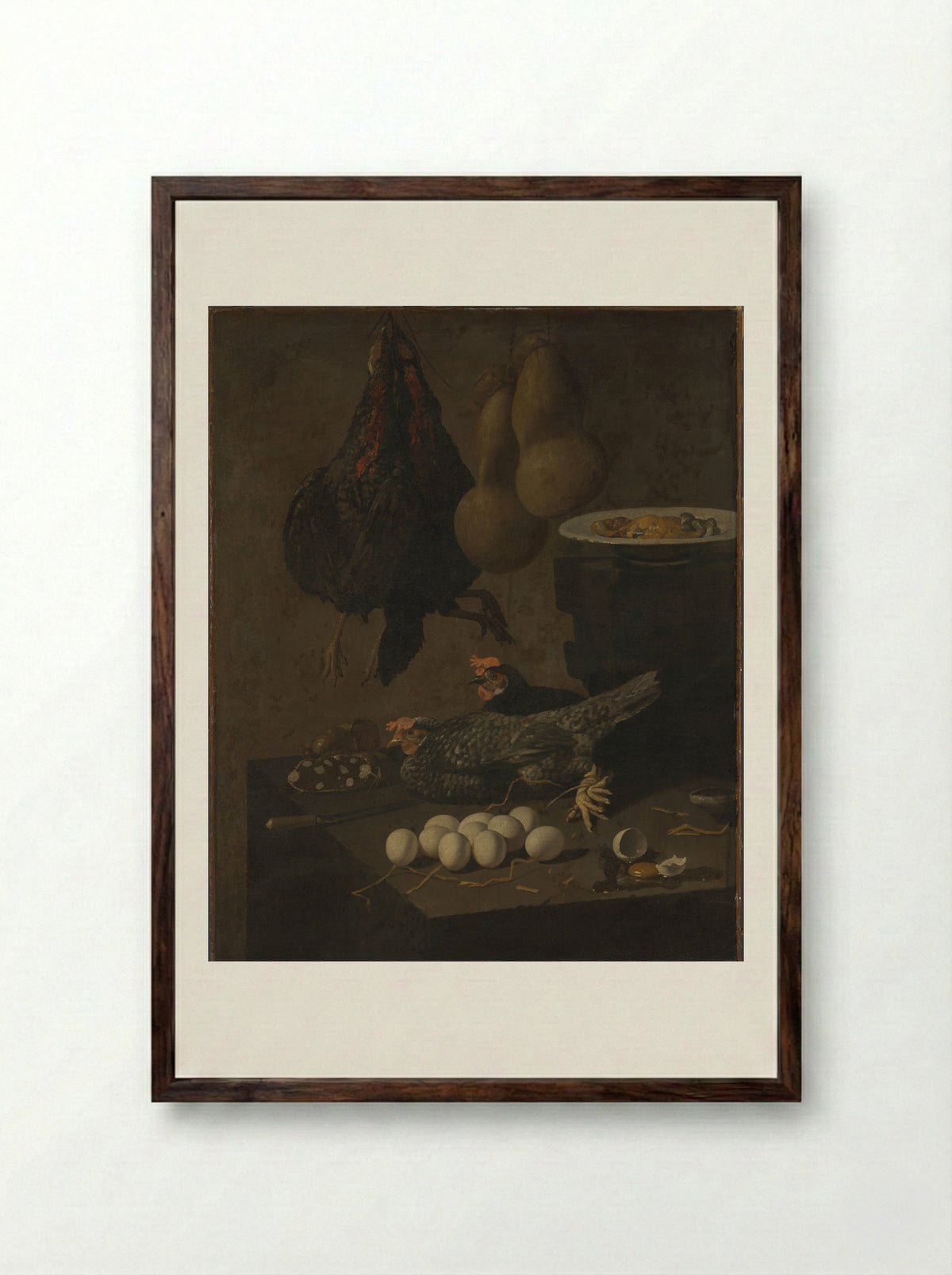 Stilleven met kippen en eieren - Giovanni Battista Recco - Framed Print Dark Wood