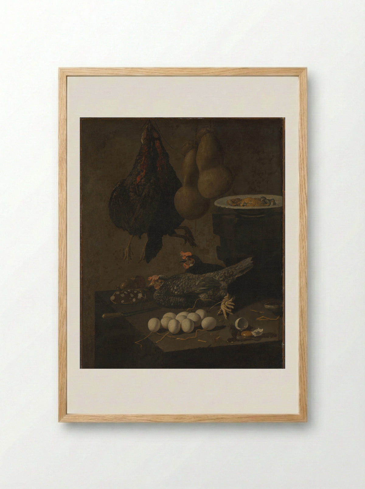 Stilleven met kippen en eieren - Giovanni Battista Recco - Framed Print Wood