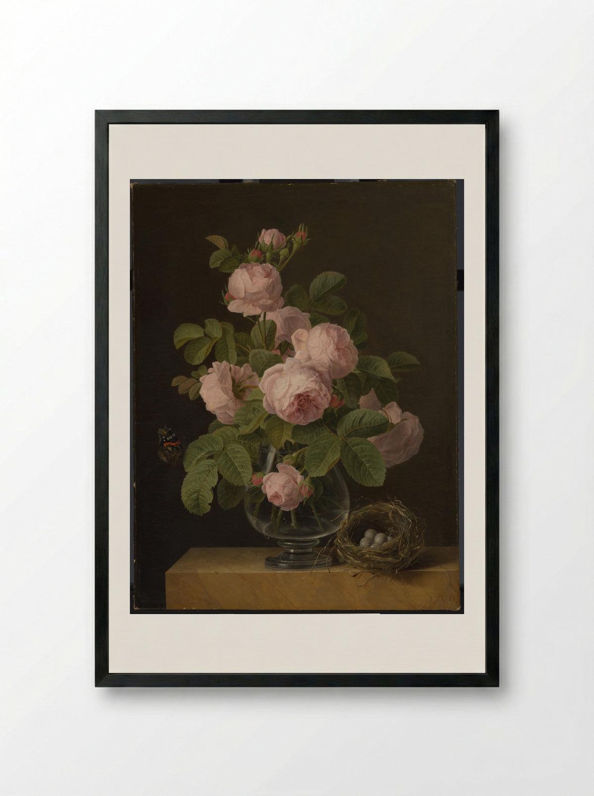 Stilleven met rozen en een vogelnestje - Jan Frans van Dael - Framed Print Black