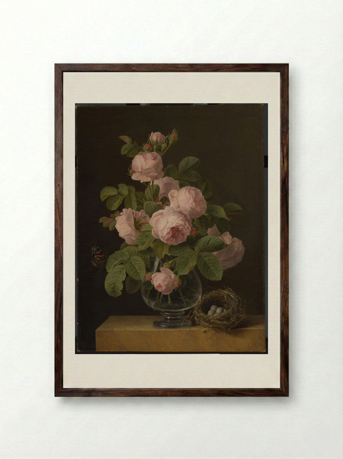 Stilleven met rozen en een vogelnestje - Jan Frans van Dael - Framed Print Dark Wood