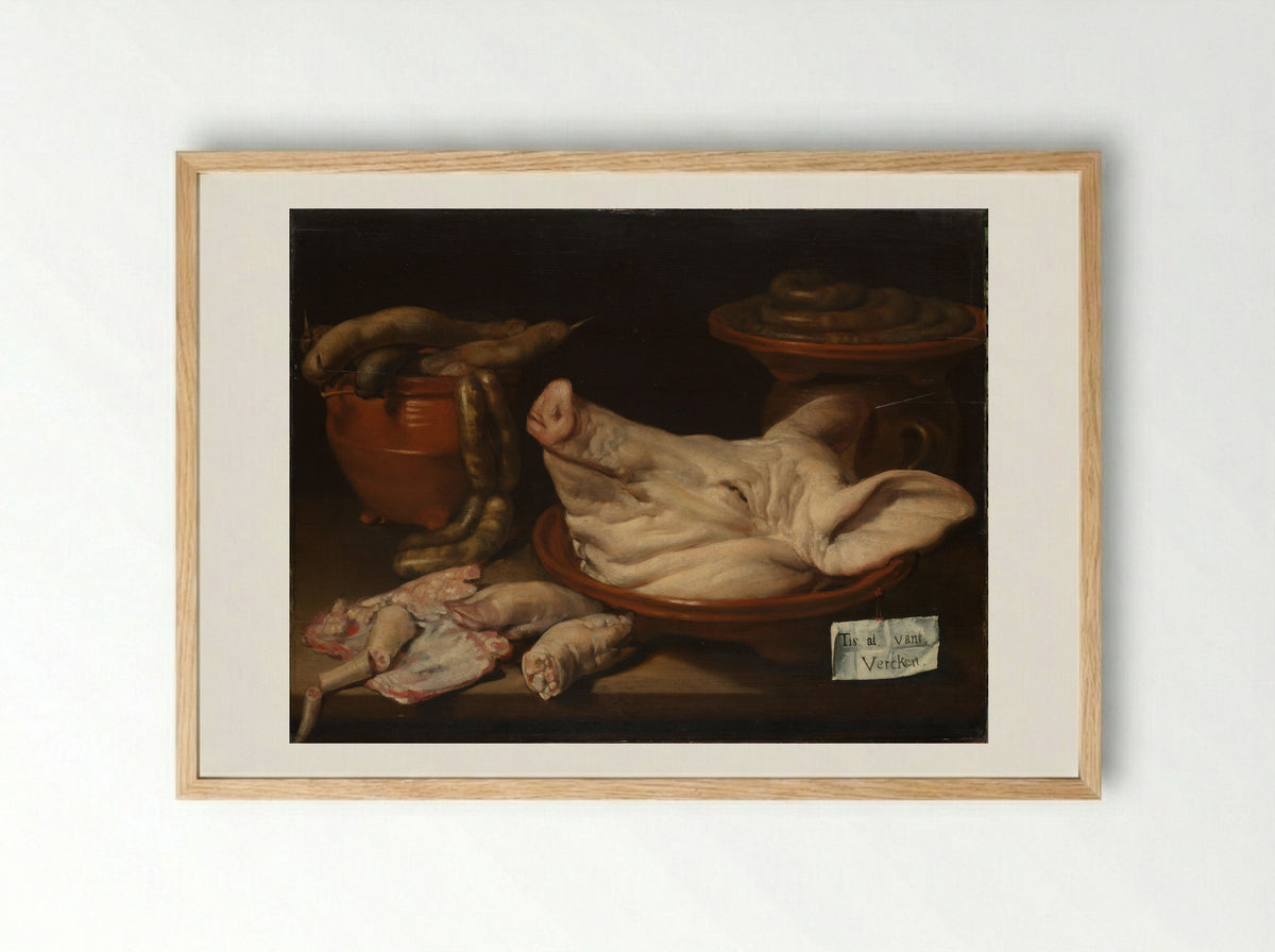 Stilleven met varkenskop, varkenspootjes en worst - Monogrammist JVR - Framed Print Wood