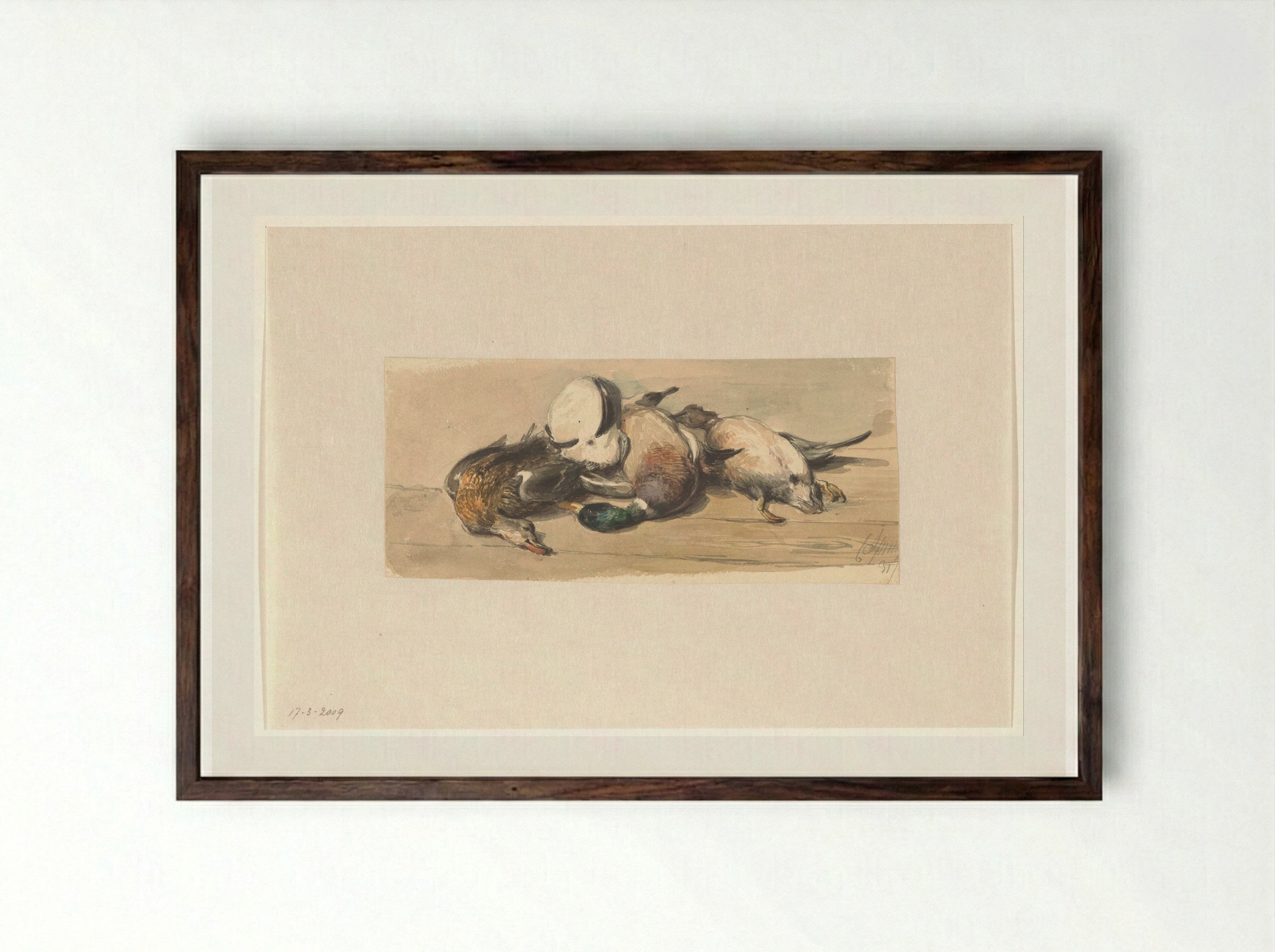 Stilleven met vier eenden - Cornelis Springer - Framed Print Dark Wood