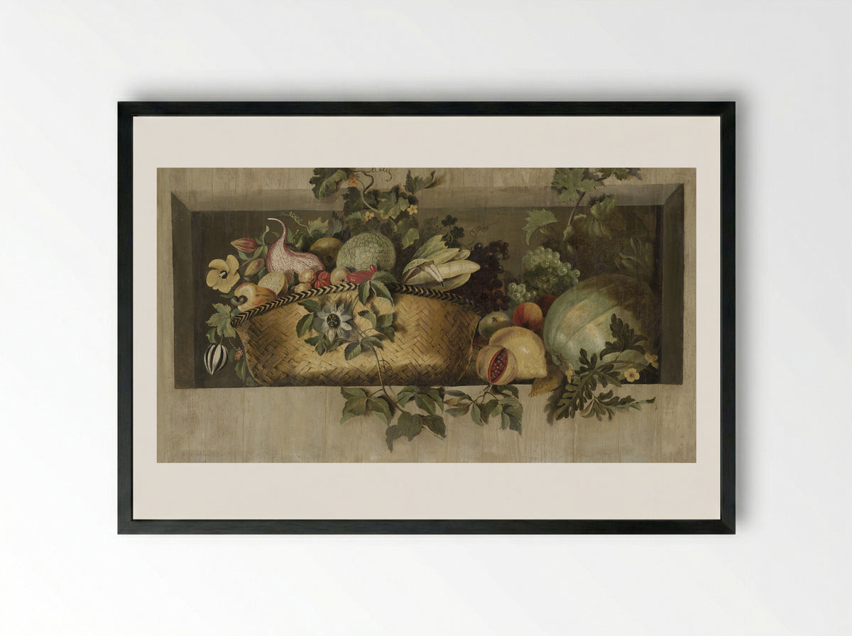 Stilleven met vruchten en bloemguirlandes - Jacob van Campen - Framed Print Black