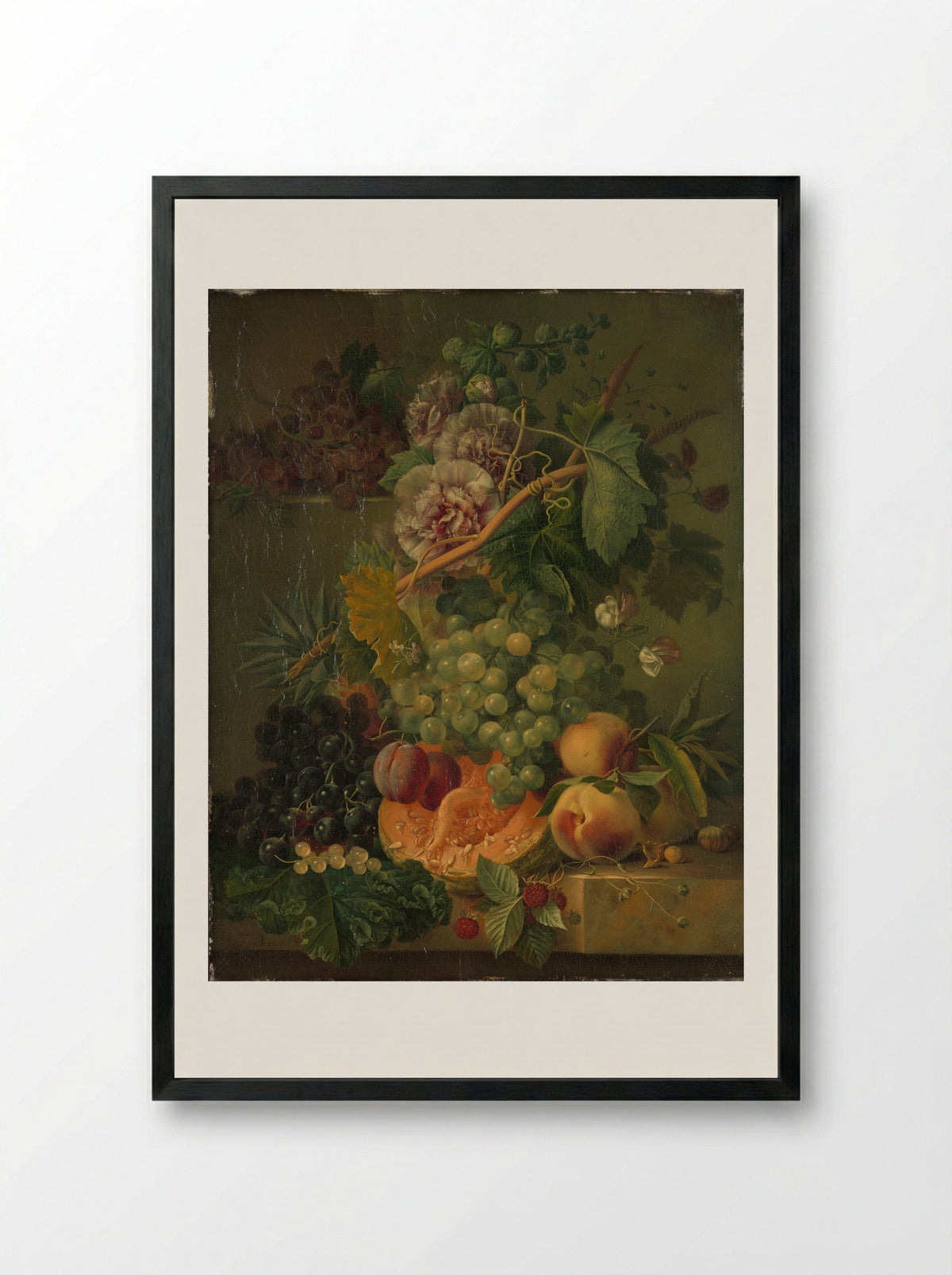 Stilleven van bloemen en vruchten - Albertus Jonas Brandt - Framed Print Black