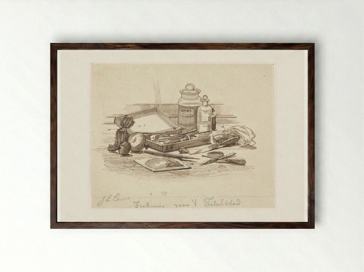 Stilleven van grafische attributen - Jacobus Ludovicus Cornet - Framed Print Dark Wood