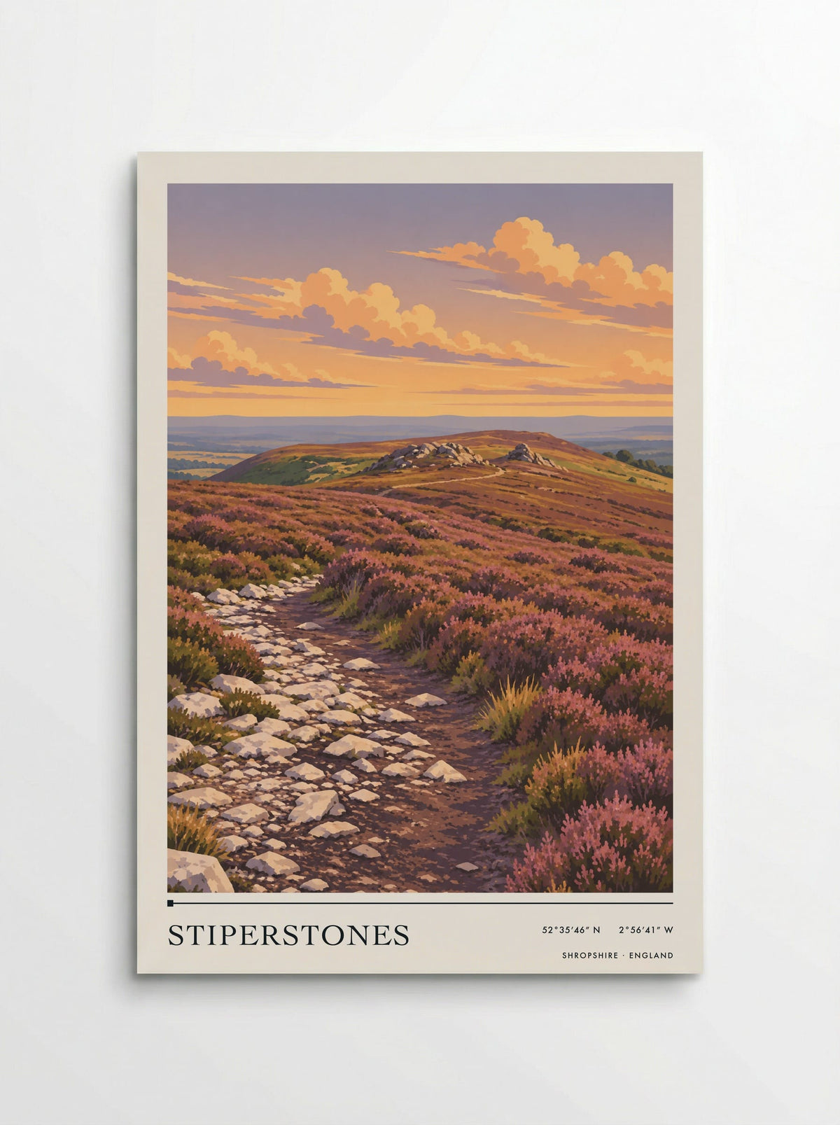 Stiperstones, Shropshire travel poster: pale quartzite tors, a rough stony path and purple heather beneath peach-coloured clouds over the open ridge