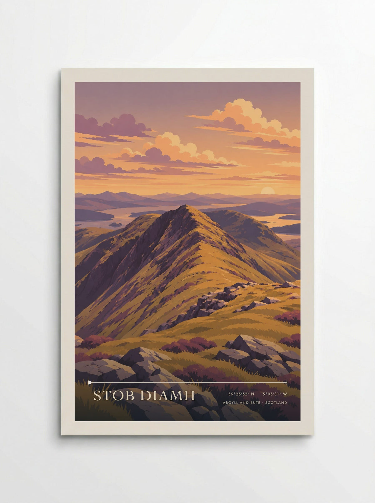 Stob Diamh, Argyll and Bute travel poster: a golden rocky ridge, purple heath and distant water beneath orange and mauve evening skies