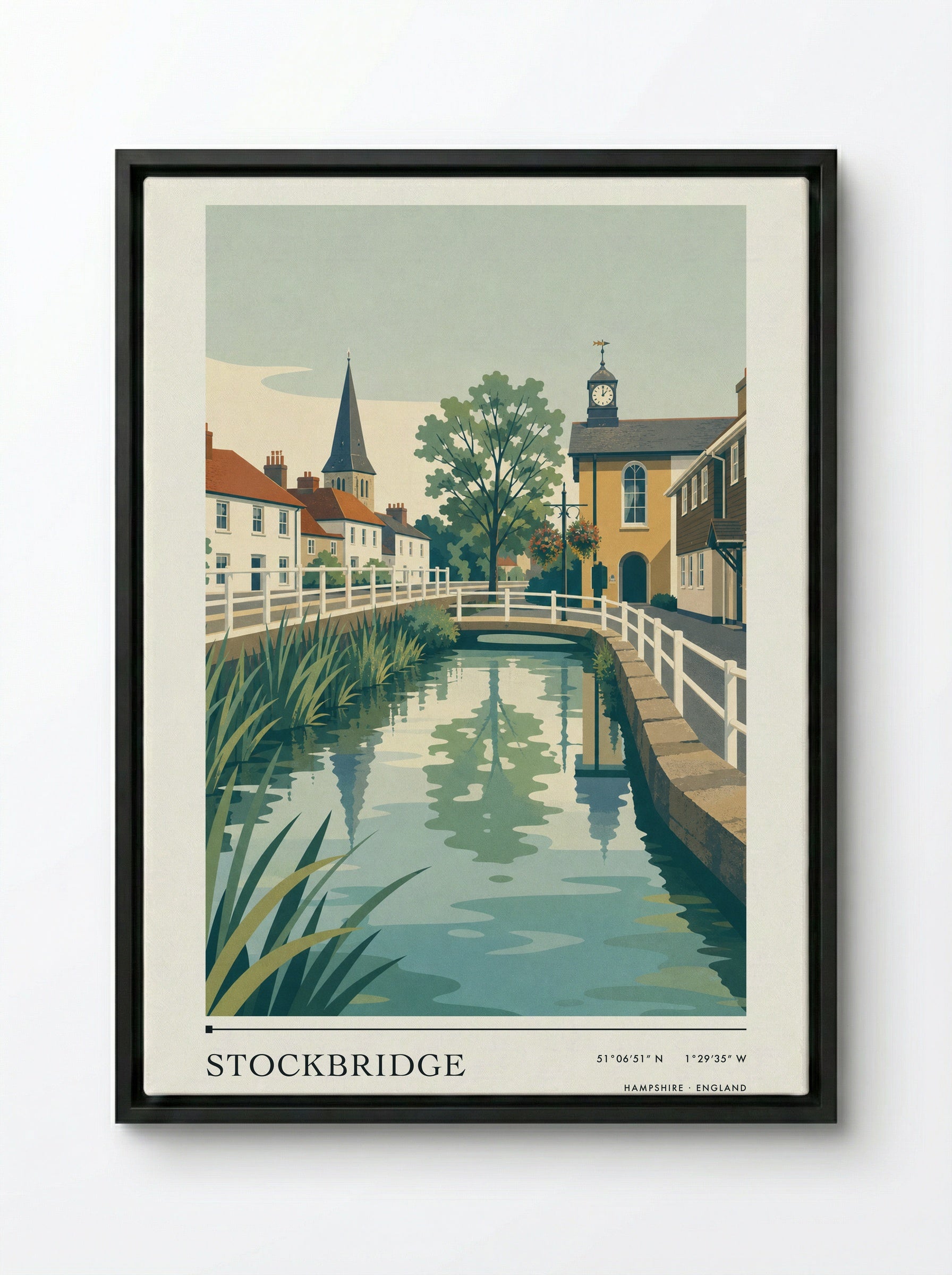 Stockbridge Hampshire England Travel Poster - Framed Canvas Black