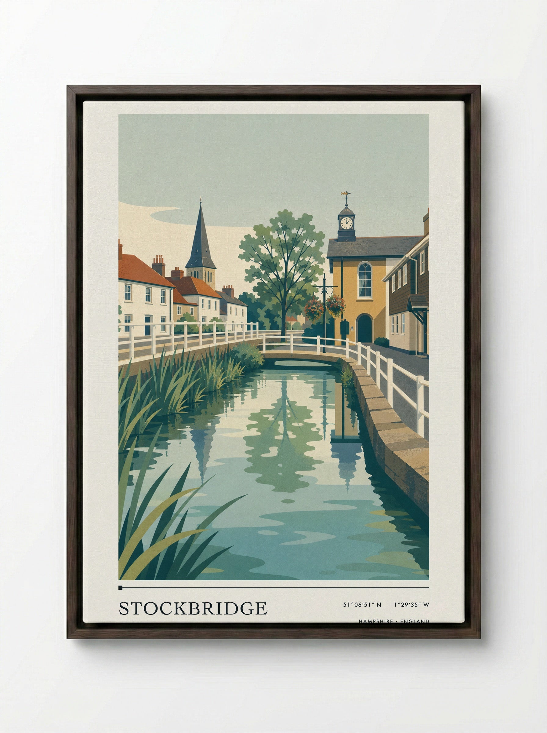 Stockbridge Hampshire England Travel Poster - Framed Canvas Dark Wood