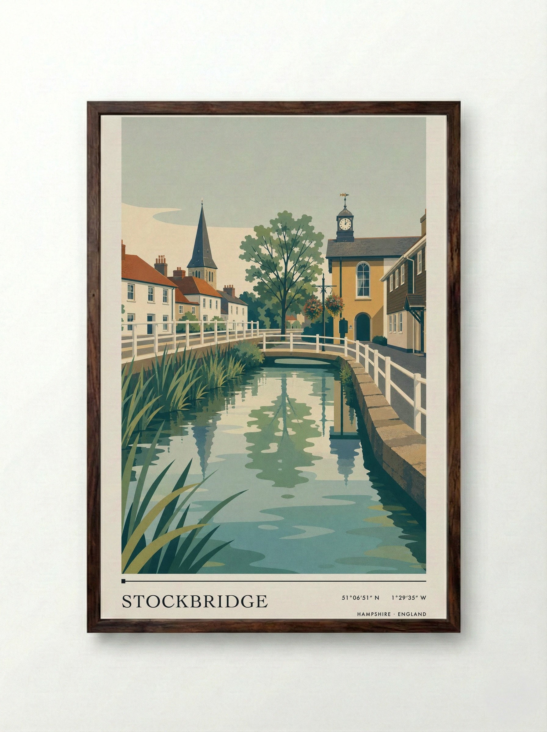 Stockbridge Hampshire England Travel Poster - Framed Print Dark Wood