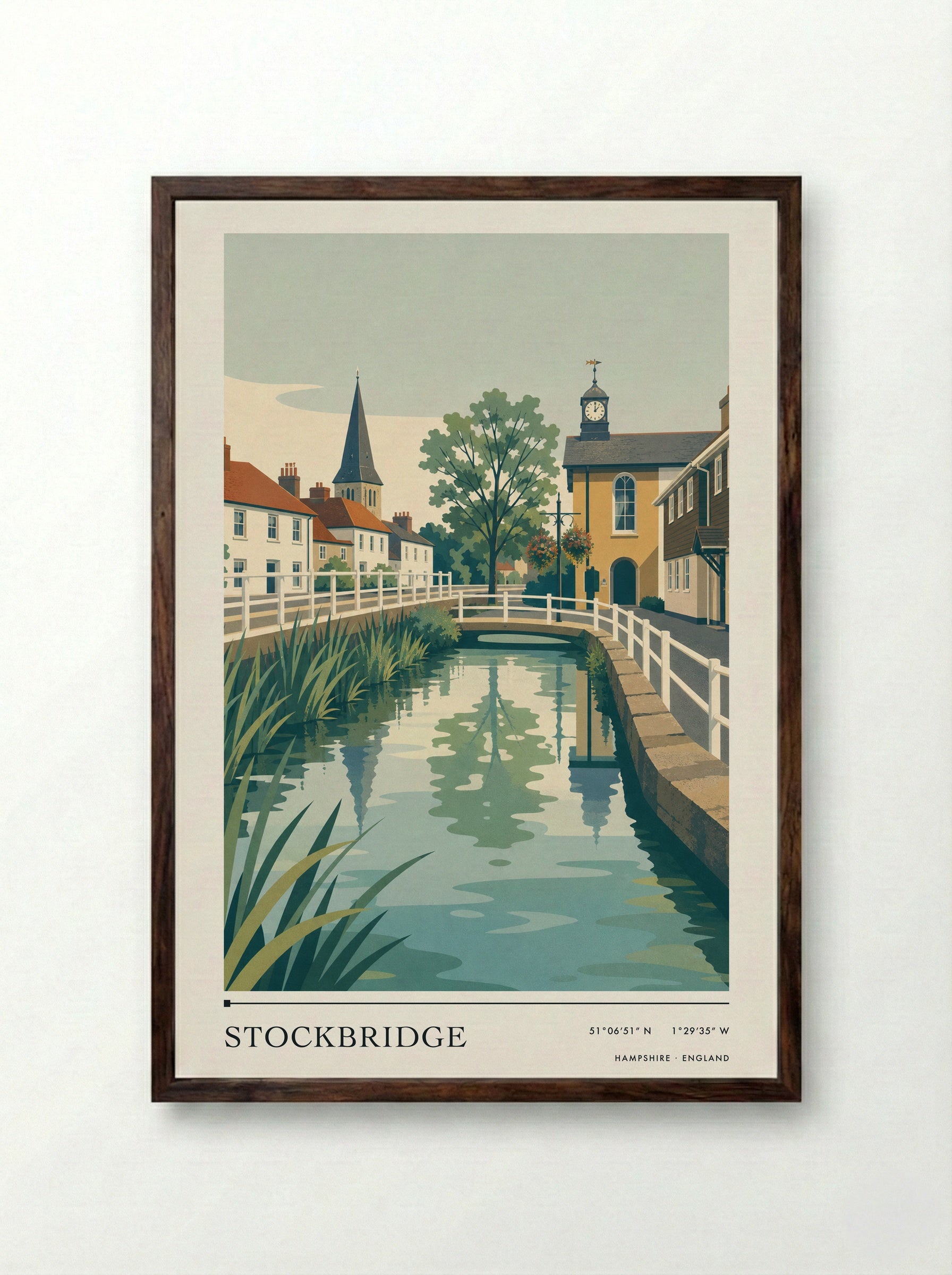 Stockbridge Hampshire England Travel Poster - Framed Print Dark Wood
