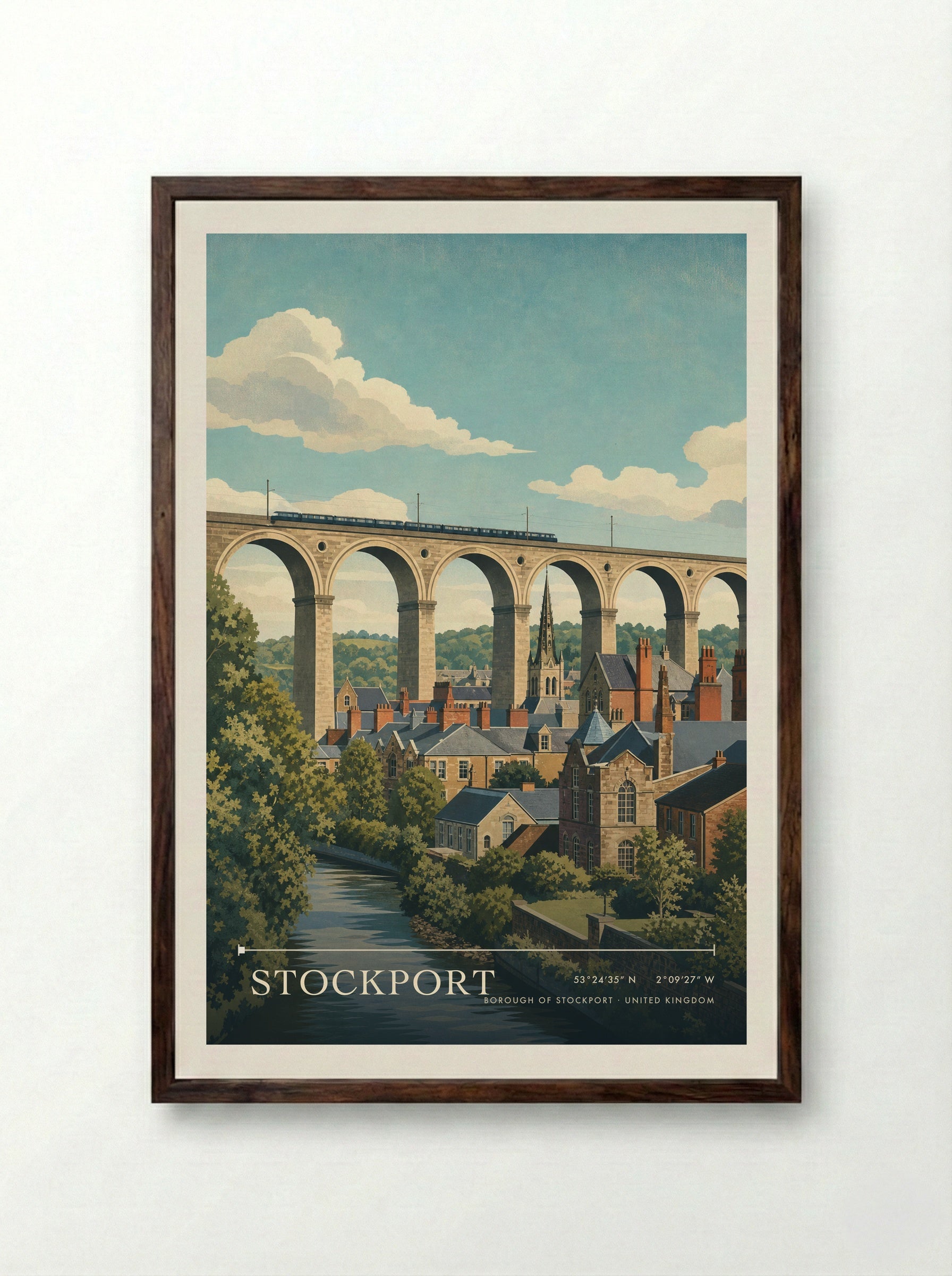 Stockport Borough of Stockport United Kingdom Travel Poster - Framed Print Dark Wood