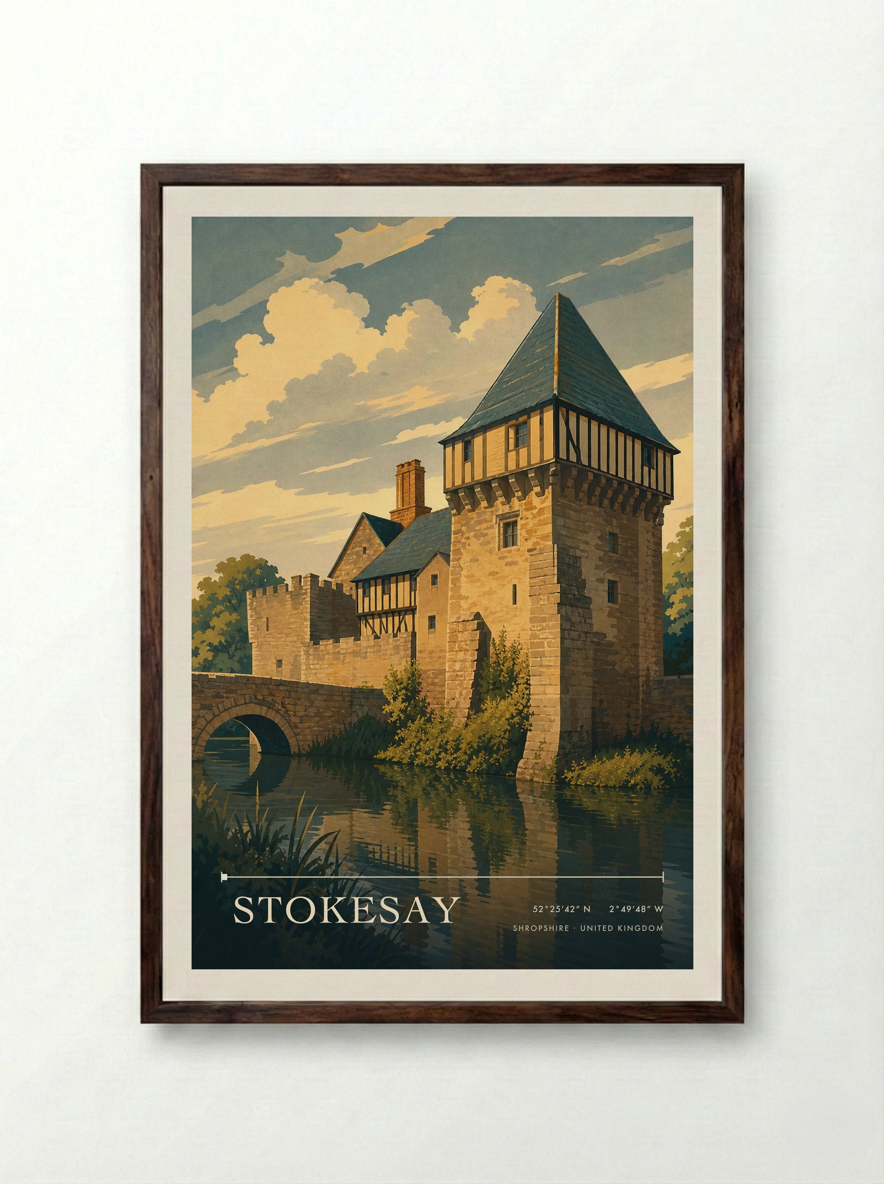 Stokesay Shropshire United Kingdom Travel Poster - Framed Print Dark Wood