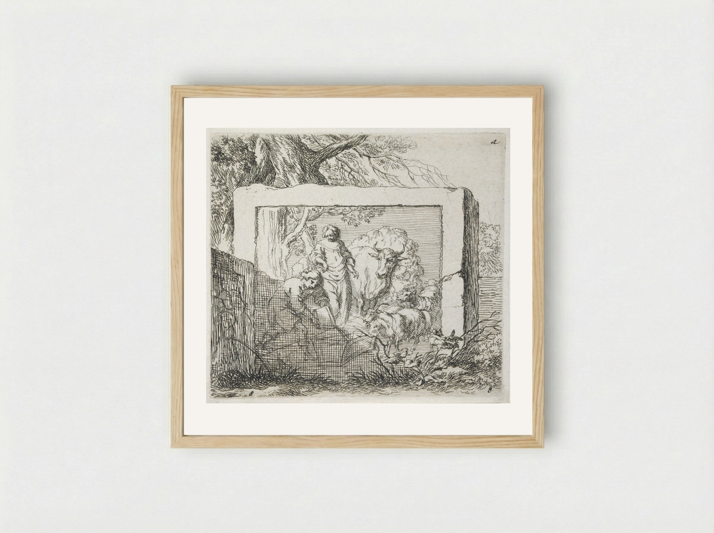 Stone Bas-Relief Representing a Shepherd Pouring Water into a Trough - Nicolaes Berchem - Framed Print Wood