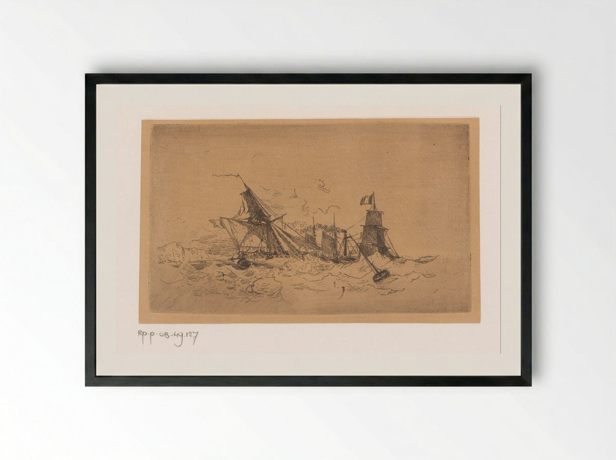 Stoomschip en zeilschepen op onrustige zee - Henri Le Hon - Framed Print Black