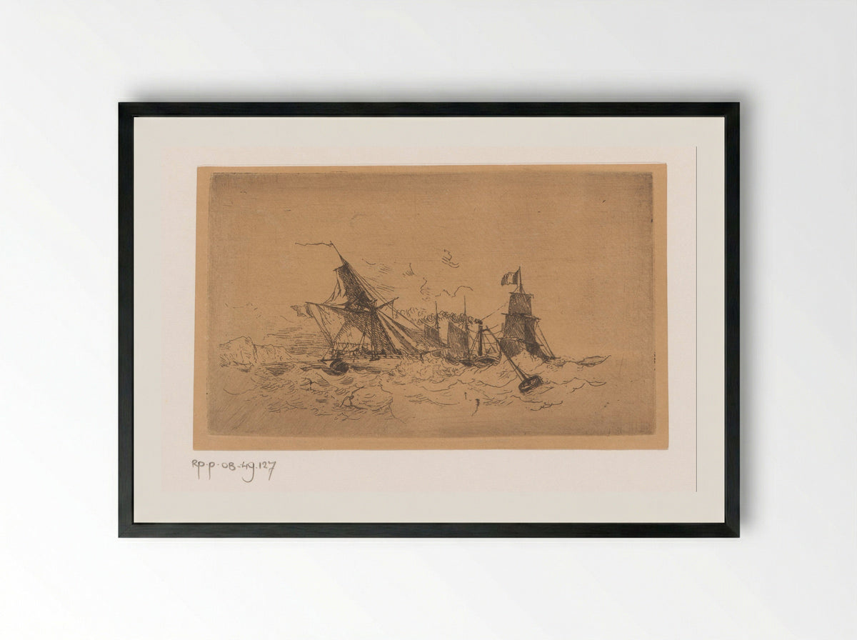 Stoomschip en zeilschepen op onrustige zee - Henri Le Hon - Framed Print Black