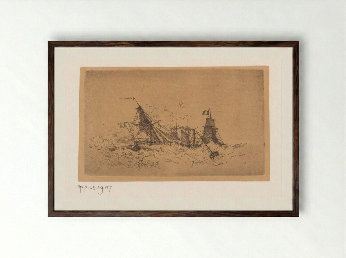 Stoomschip en zeilschepen op onrustige zee - Henri Le Hon - Framed Print Dark Wood