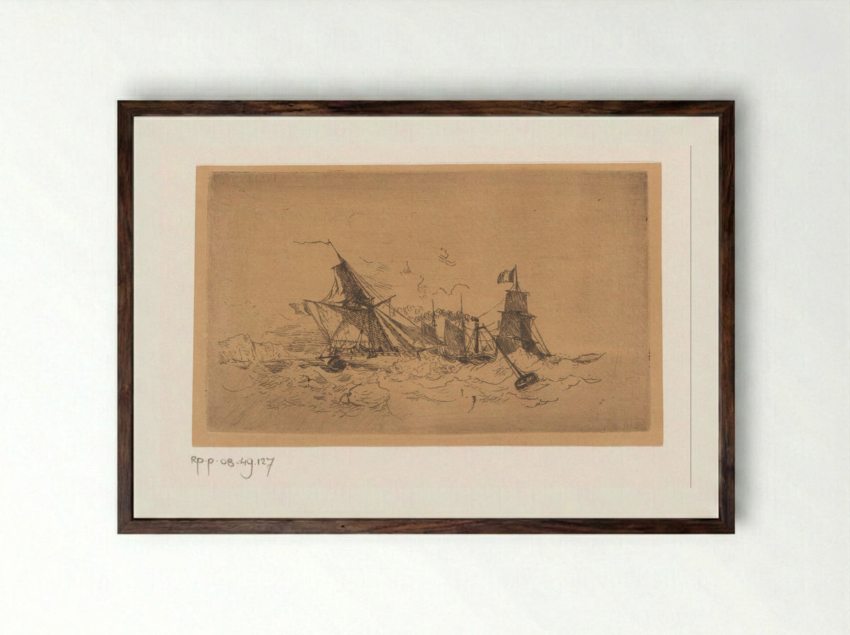 Stoomschip en zeilschepen op onrustige zee - Henri Le Hon - Framed Print Dark Wood