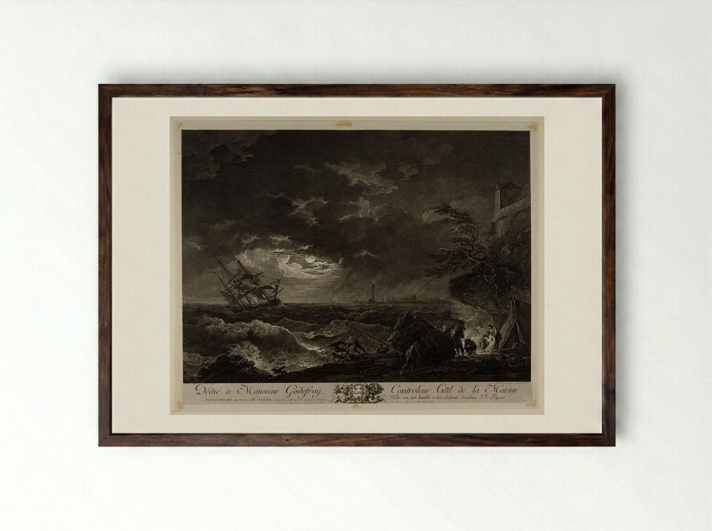 Storm in the Moonlight - Jean Jacques Flipart - Framed Print Dark Wood