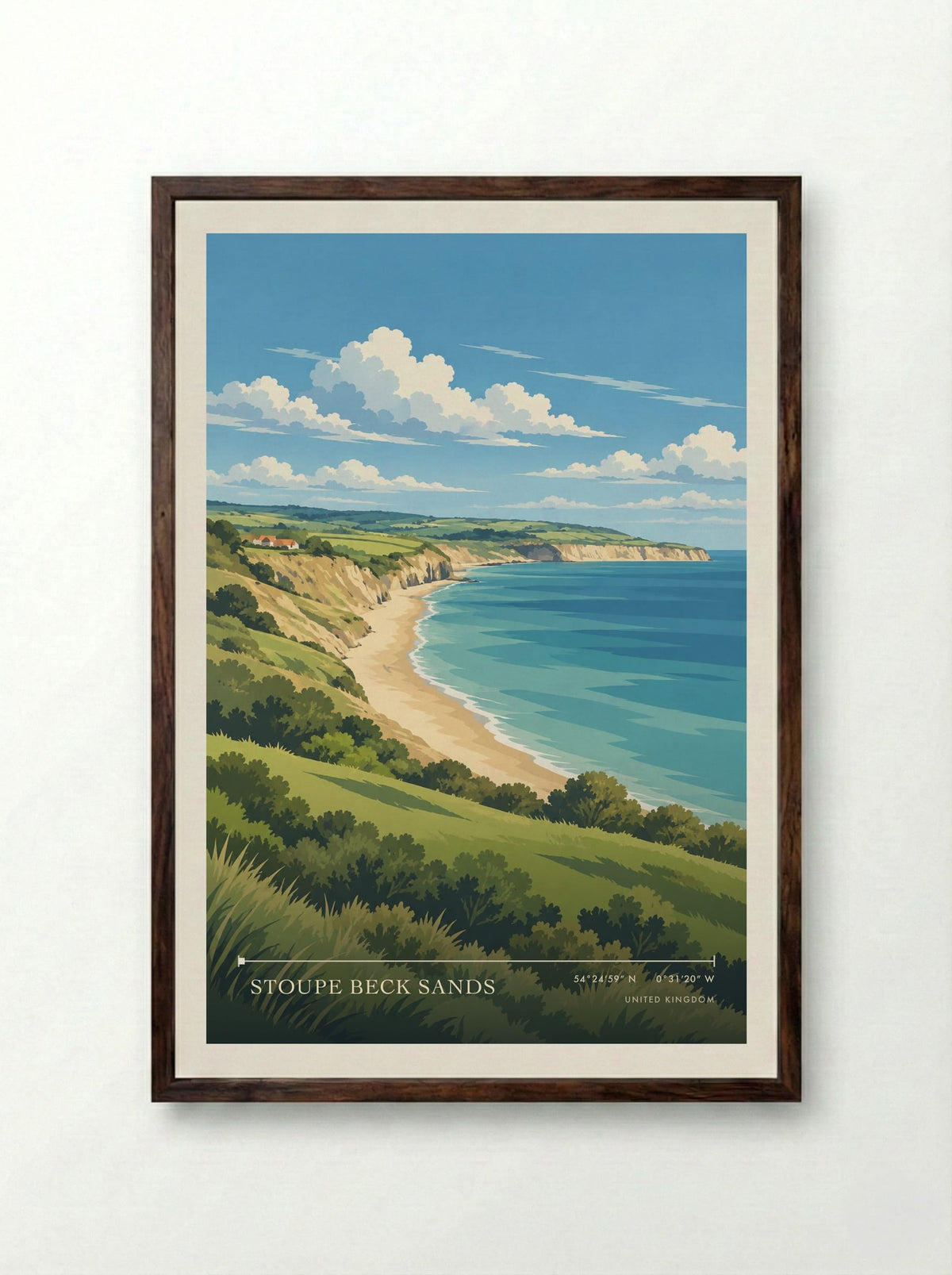 Stoupe Beck Sands | Travel Poster - Framed Print Dark Wood