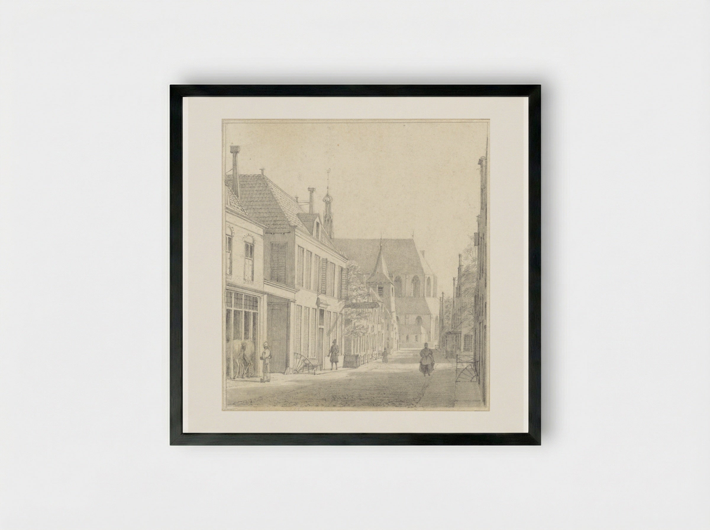 Straat te Alkmaar met de Grote kerk in het verschiet - Hendrik Abraham Klinkhamer - Framed Print Black
