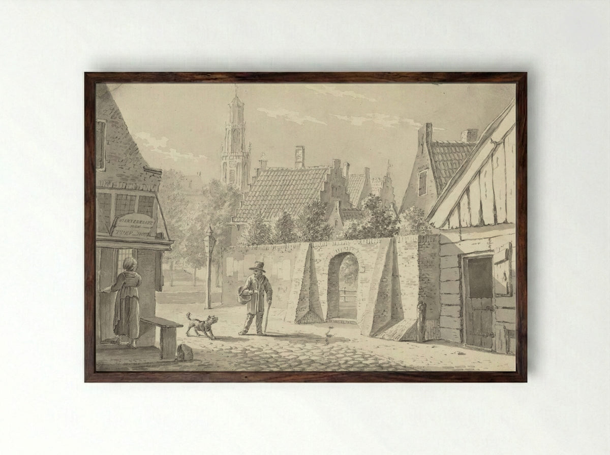 Straatje in Utrecht met de Domtoren in het verschiet - G.A. de Wildt - Framed Print Dark Wood