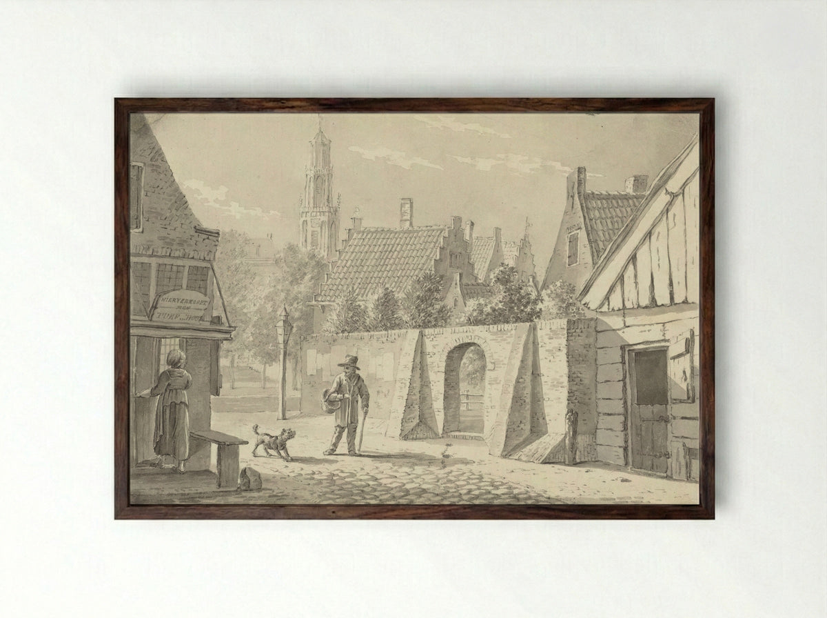 Straatje in Utrecht met de Domtoren in het verschiet - G.A. de Wildt - Framed Print Dark Wood