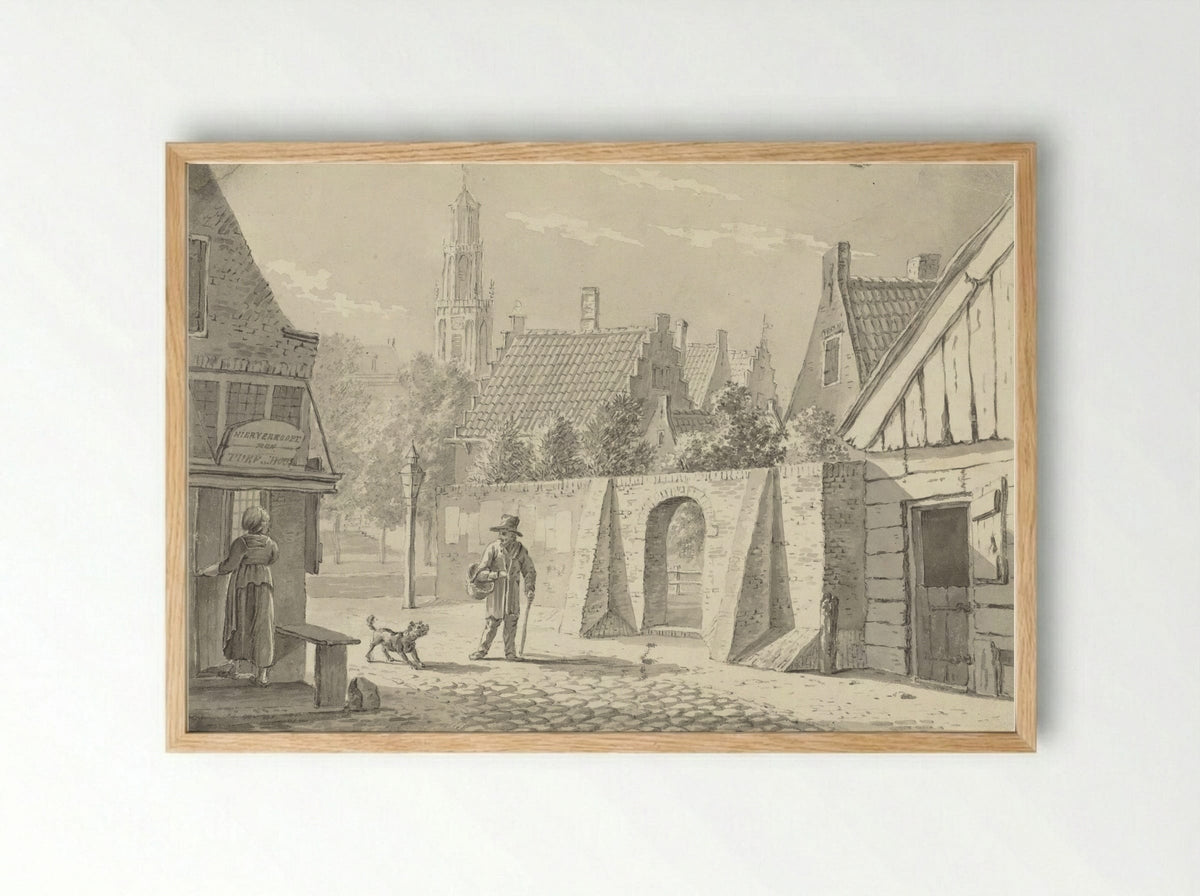 Straatje in Utrecht met de Domtoren in het verschiet - G.A. de Wildt - Framed Print Wood