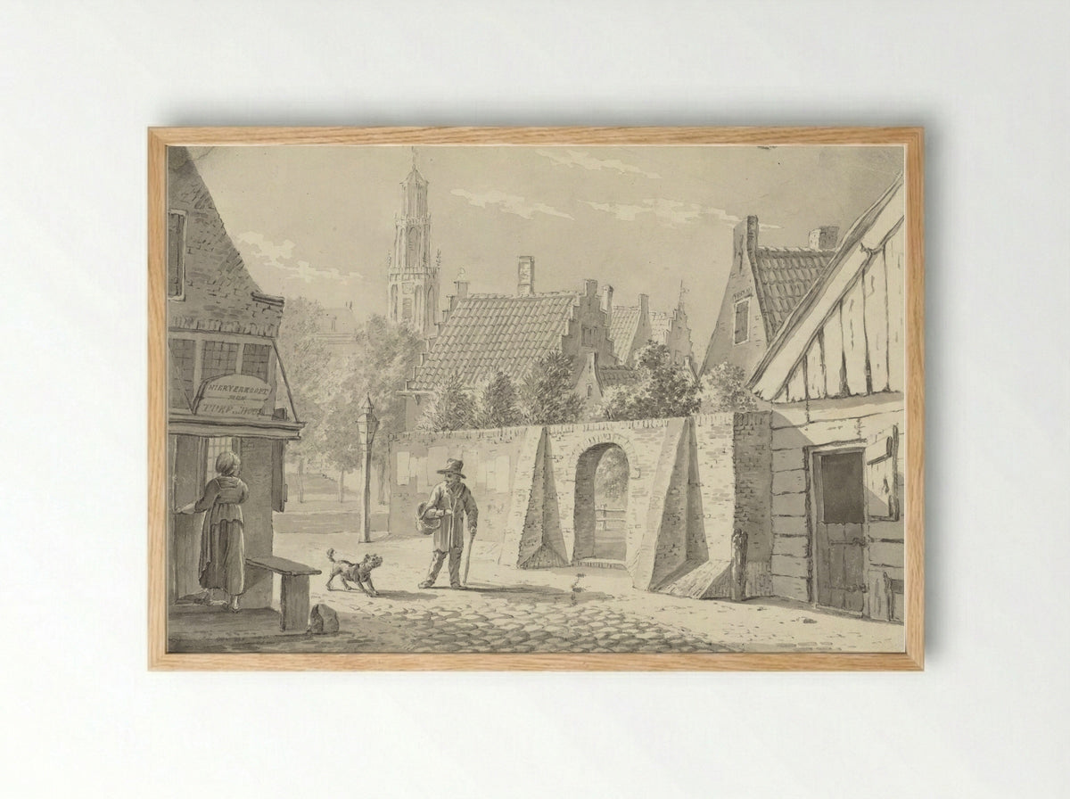 Straatje in Utrecht met de Domtoren in het verschiet - G.A. de Wildt - Framed Print Wood