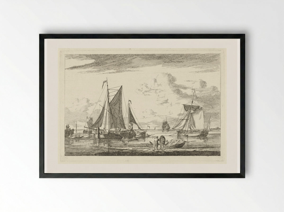 Strand en zee met diverse boten - Gerrit Groenewegen - Framed Print Black