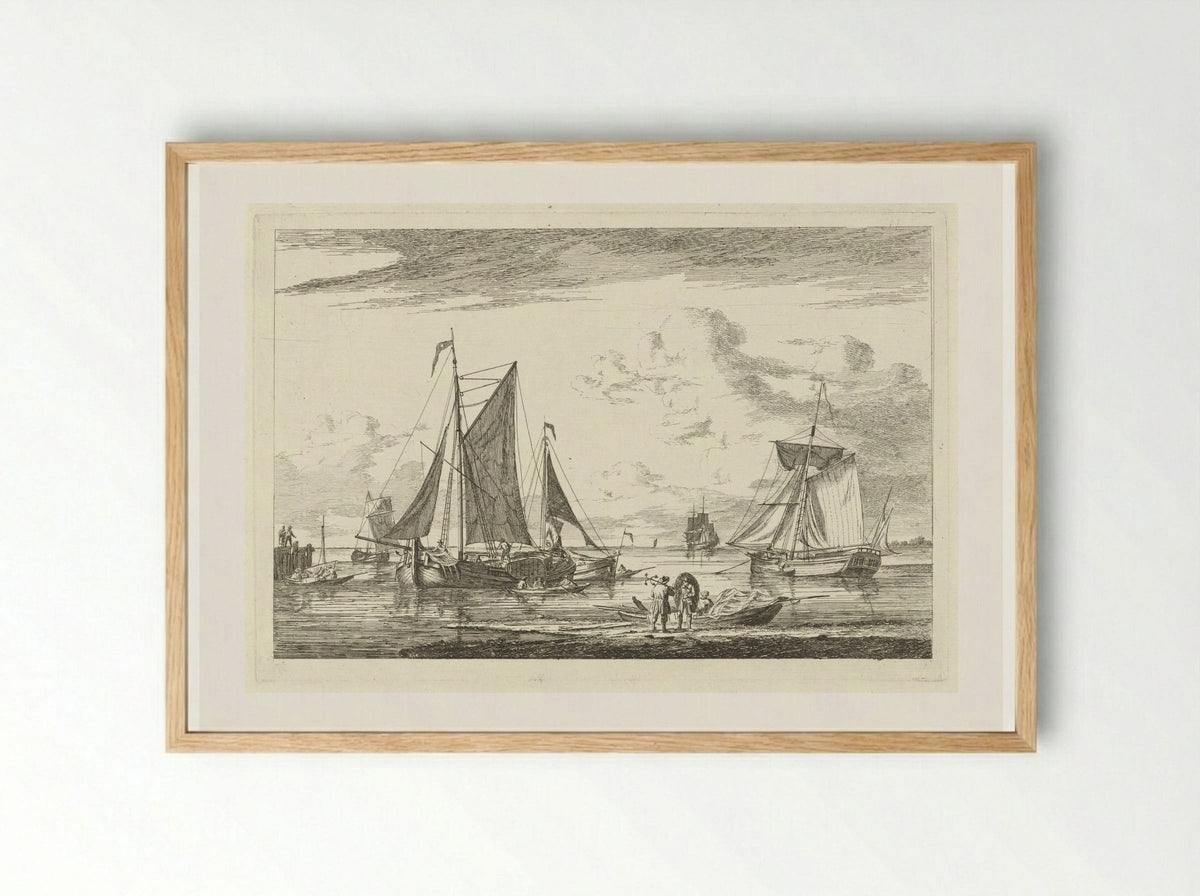 Strand en zee met diverse boten - Gerrit Groenewegen - Framed Print Wood