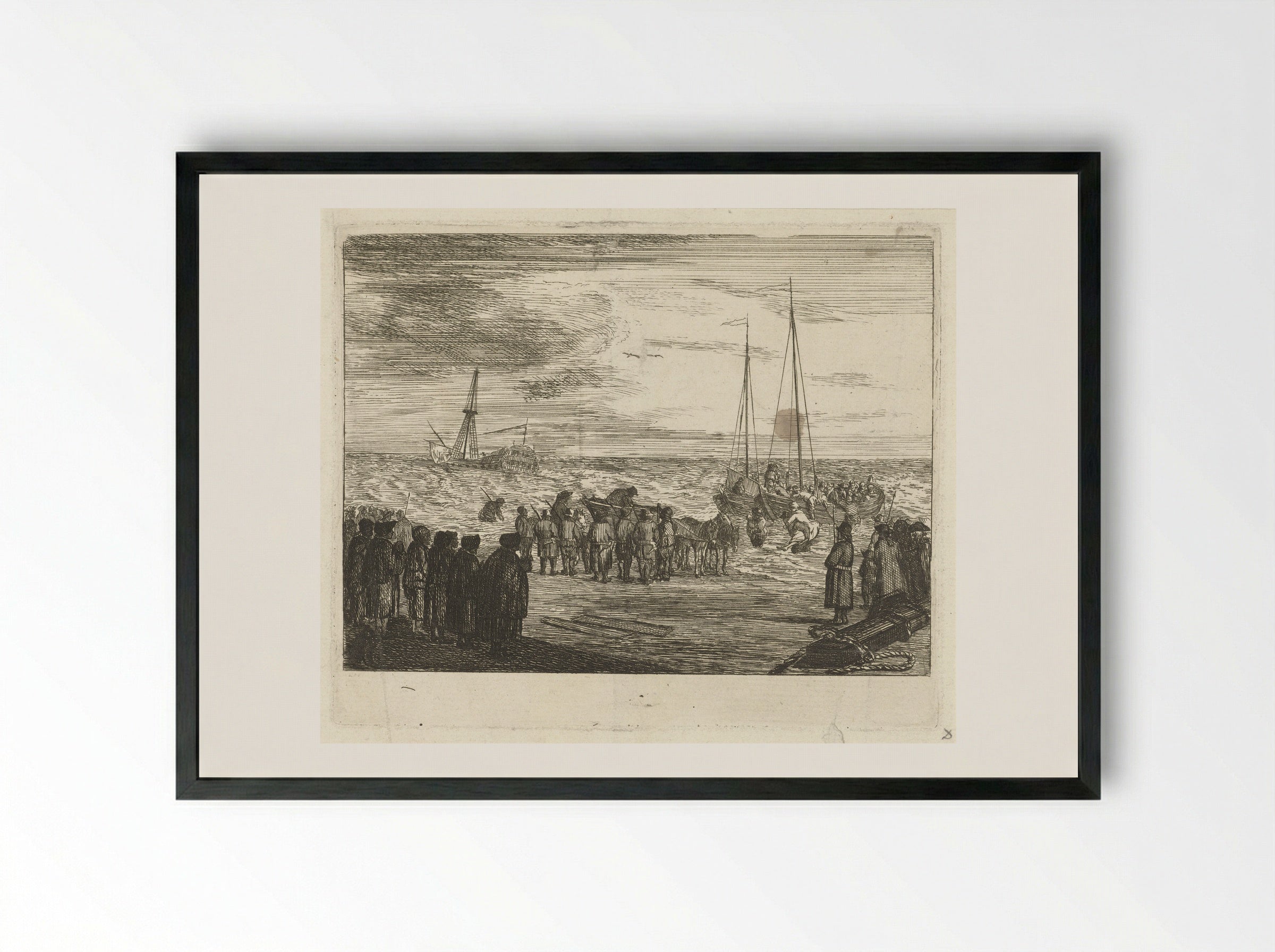 Stranding van de Britse Oost-Indiëvaarder 'Generaal Barker' bij Noordwijk, 1781 - Louis Bernard Coclers - Framed Print Black