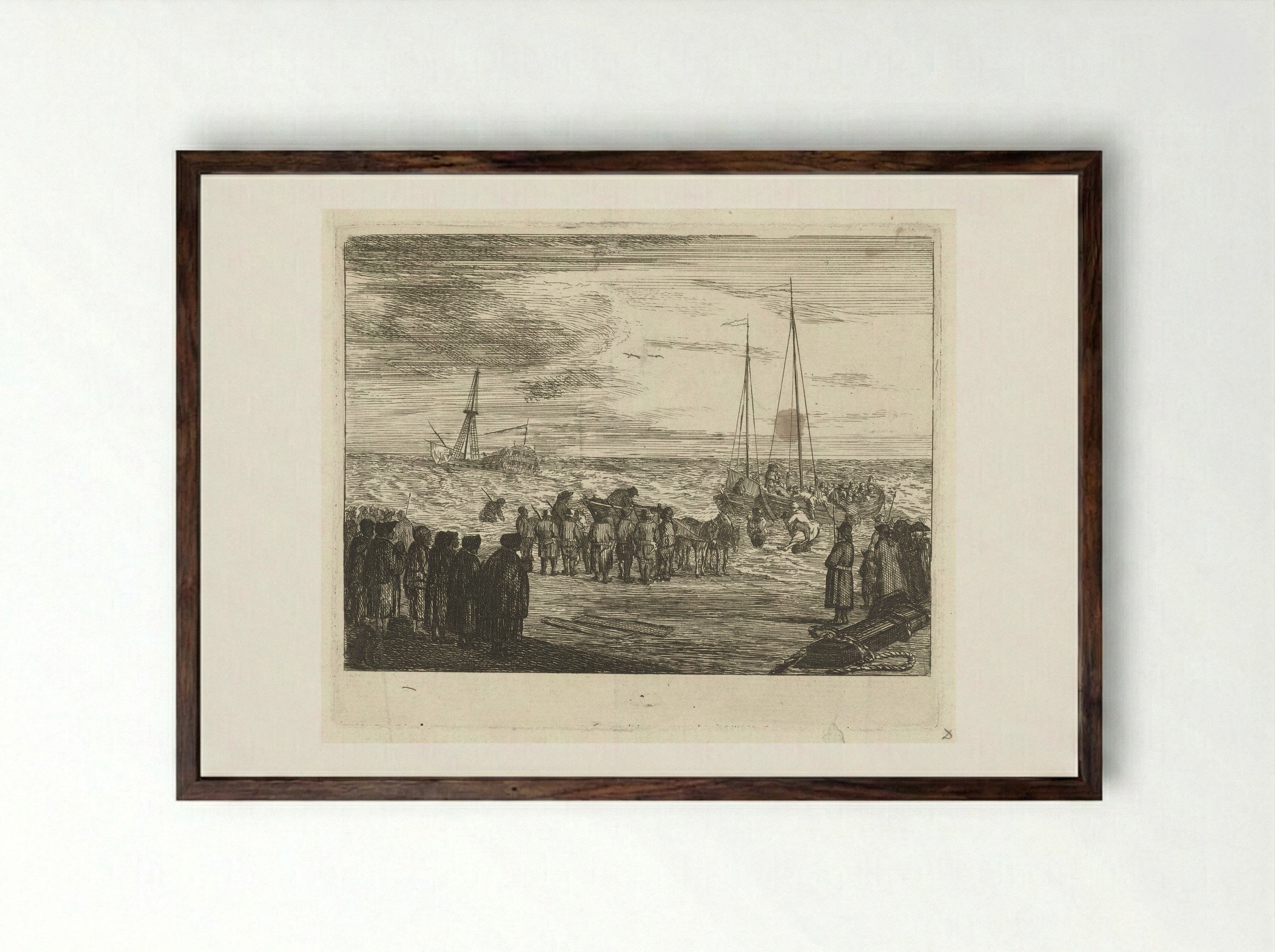 Stranding van de Britse Oost-Indiëvaarder 'Generaal Barker' bij Noordwijk, 1781 - Louis Bernard Coclers - Framed Print Dark Wood