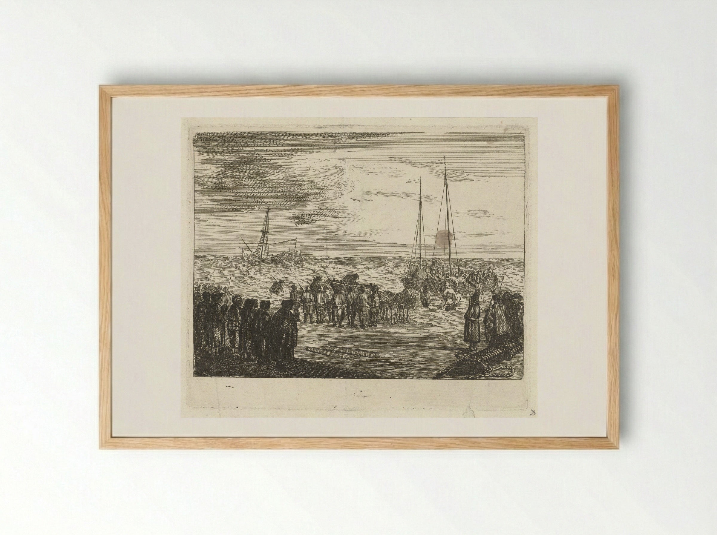 Stranding van de Britse Oost-Indiëvaarder 'Generaal Barker' bij Noordwijk, 1781 - Louis Bernard Coclers - Framed Print Wood