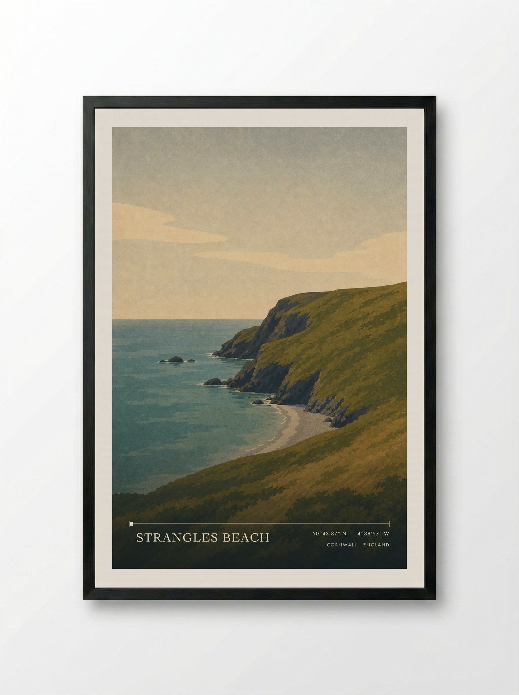 Strangles Beach Cornwall England Travel Poster - Framed Print Black
